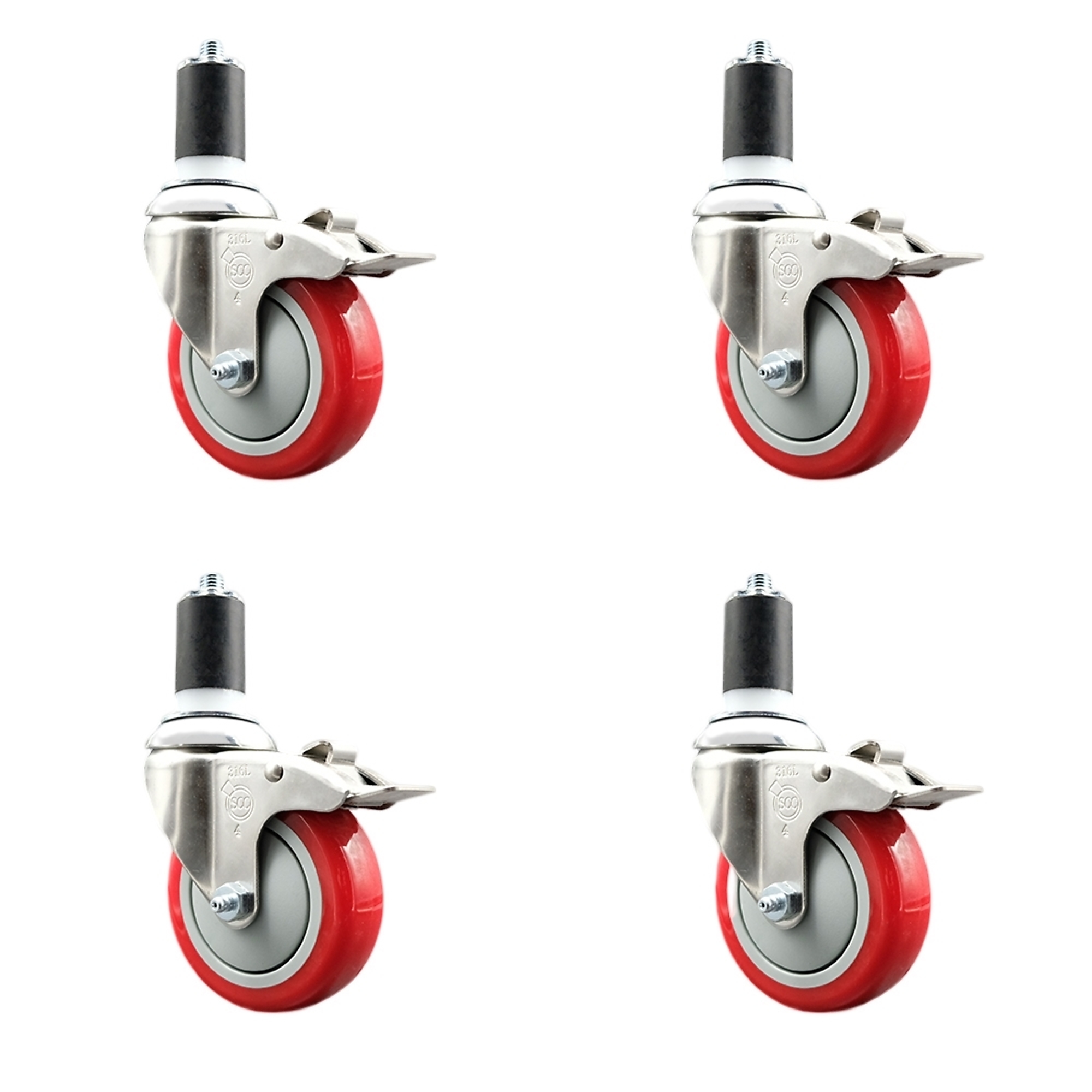 Service Caster, 4Inch x 1 1/4Inch Stem Casters, Wheel Diameter 4 in, Caster Type Swivel, Package (qty.) 4, Model SCC-SS316TTLEX20S414-PPUB-RED-158-4