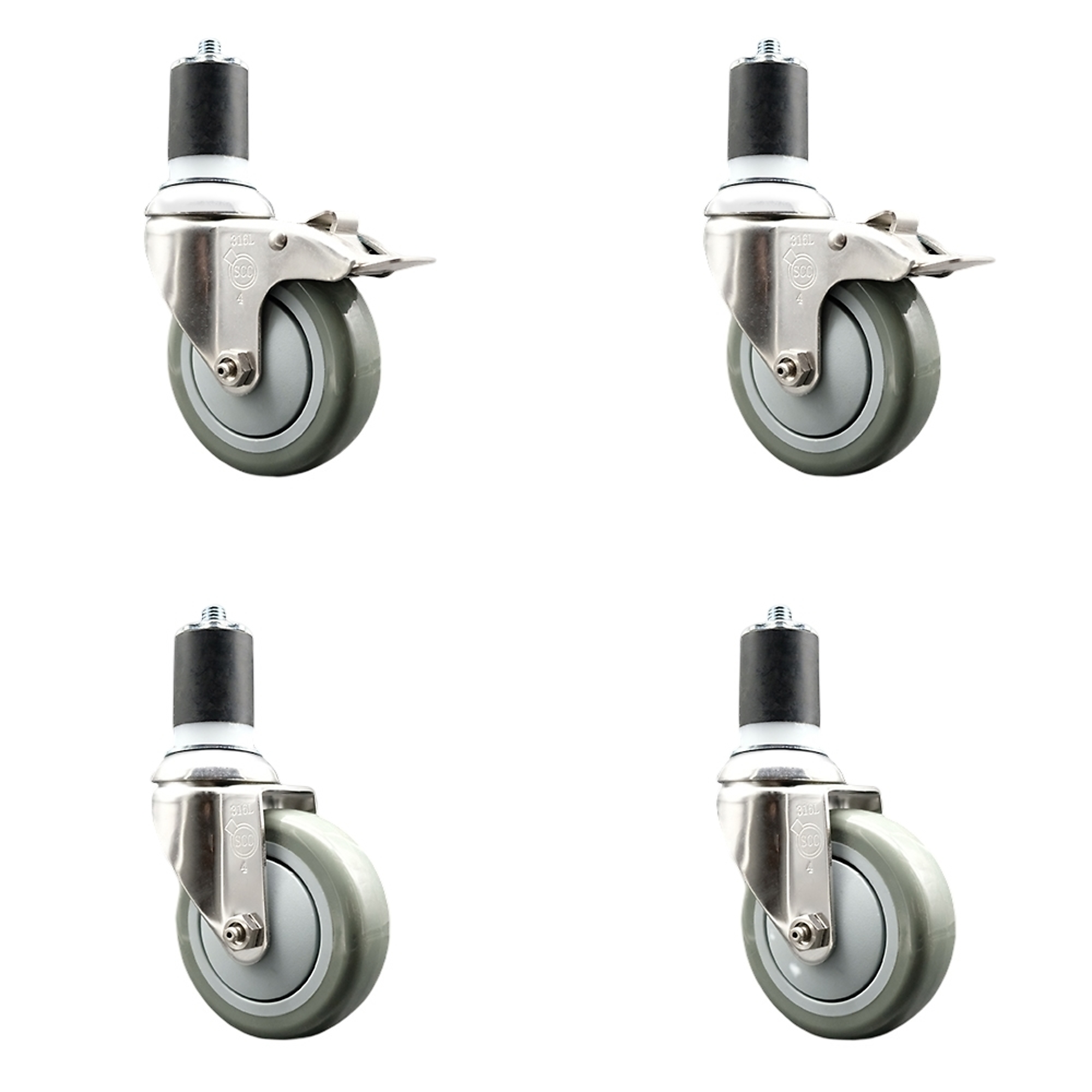 Service Caster, 4Inch x 1 1/4Inch Stem Casters, Wheel Diameter 4 in, Caster Type Swivel, Package (qty.) 4, Model SCC-SS316TTLEX20S414-PPUB-2-S-2-178