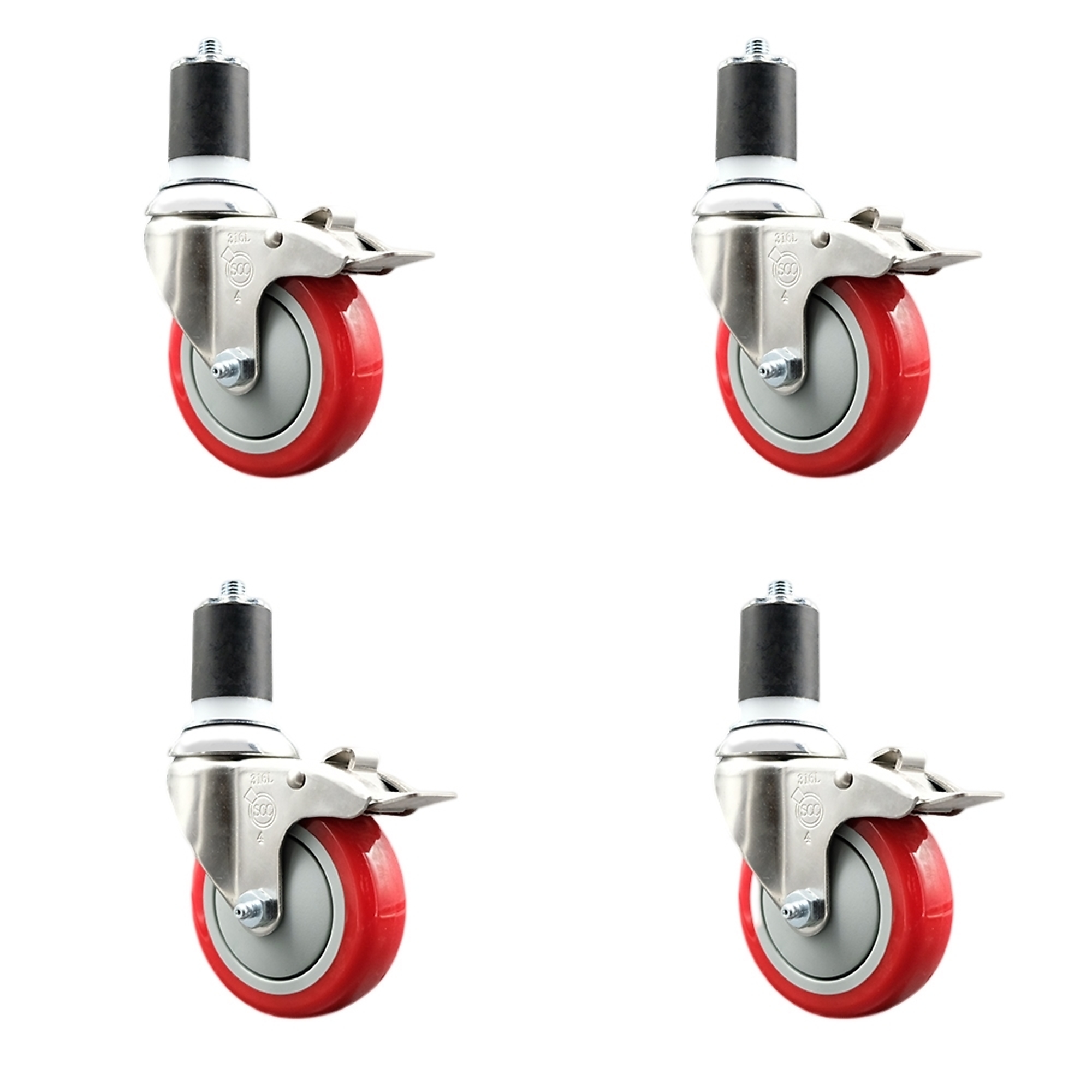 Service Caster, 4Inch x 1 1/4Inch Stem Casters, Wheel Diameter 4 in, Caster Type Swivel, Package (qty.) 4, Model SCC-SS316TTLEX20S414-PPUB-RED-178-4