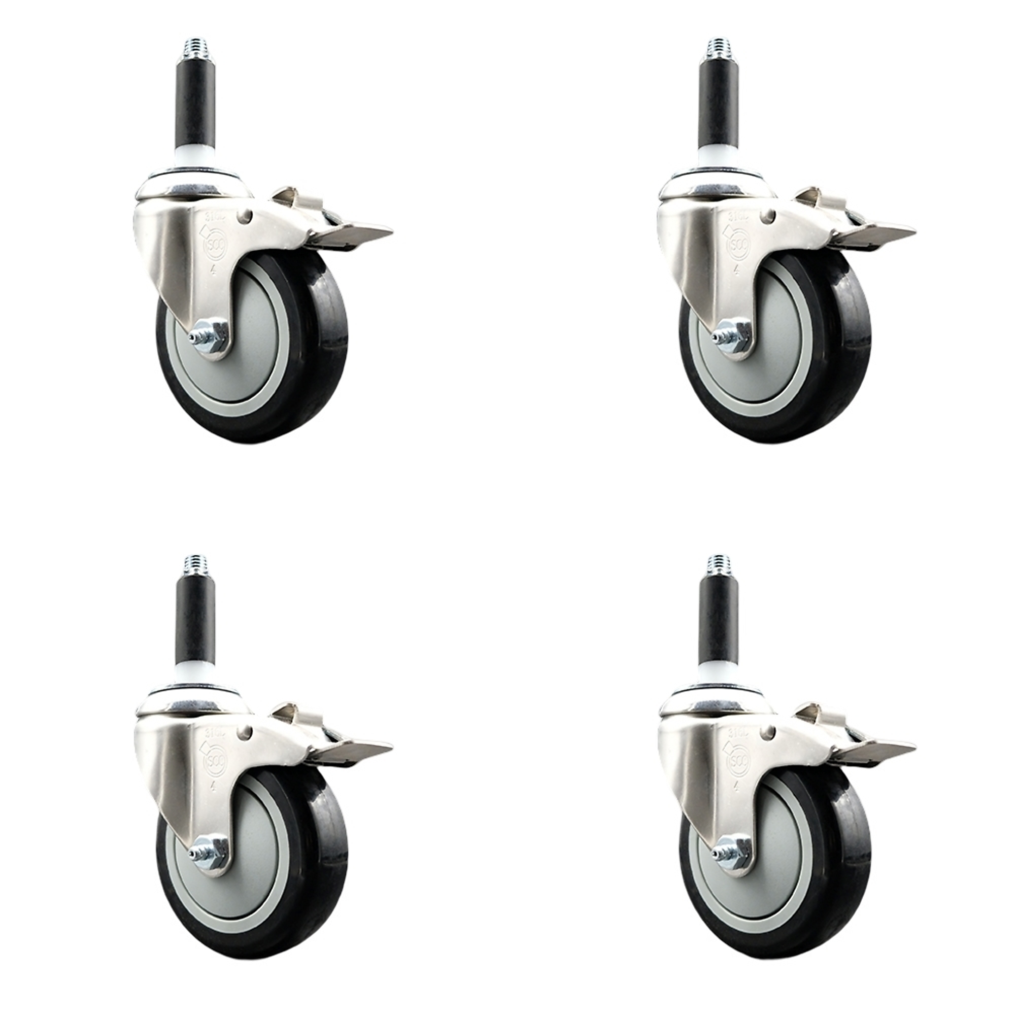 Service Caster, 4Inch x 1 1/4Inch Stem Casters, Wheel Diameter 4 in, Caster Type Swivel, Package (qty.) 4, Model SCC-SS316TTLEX20S414-PPUB-BLK-78-4