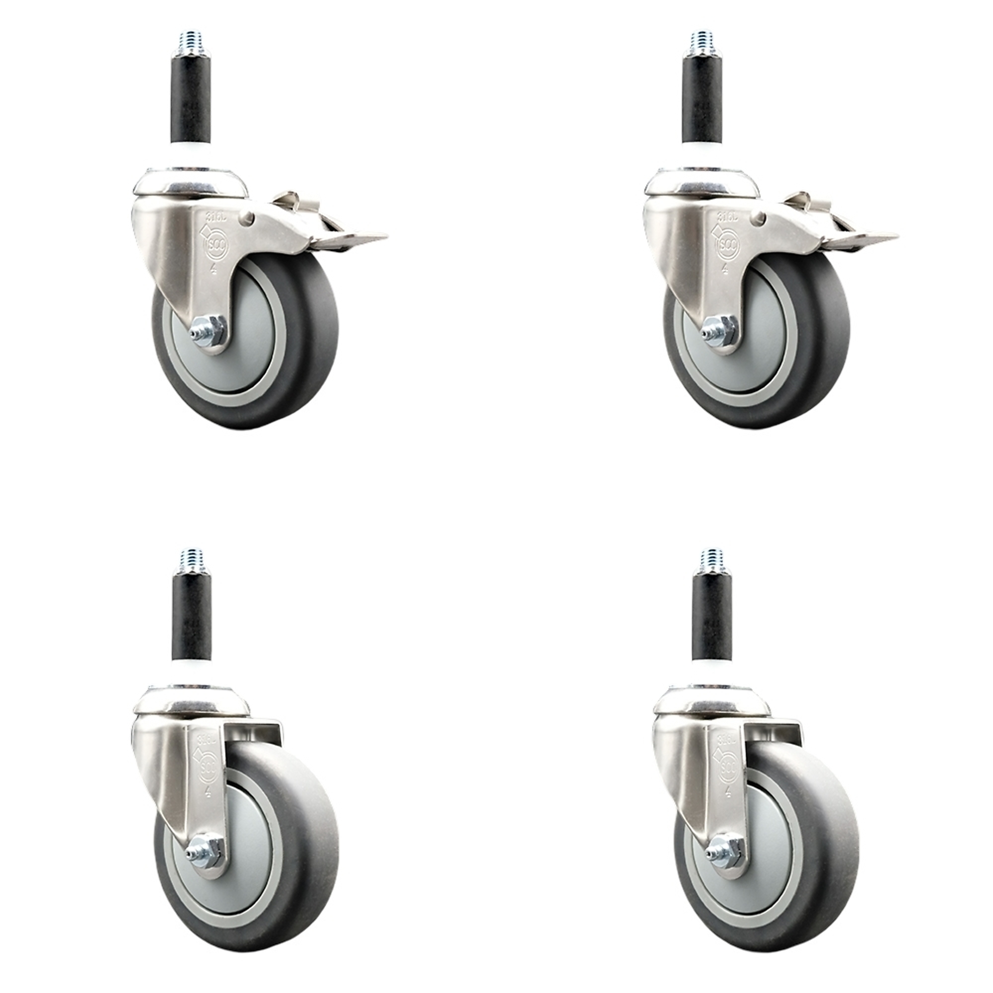 Service Caster, 4Inch x 1 1/4Inch Stem Casters, Wheel Diameter 4 in, Caster Type Swivel, Package (qty.) 4, Model SCC-SS316TTLEX20S414-TPRB-2-S-2-78