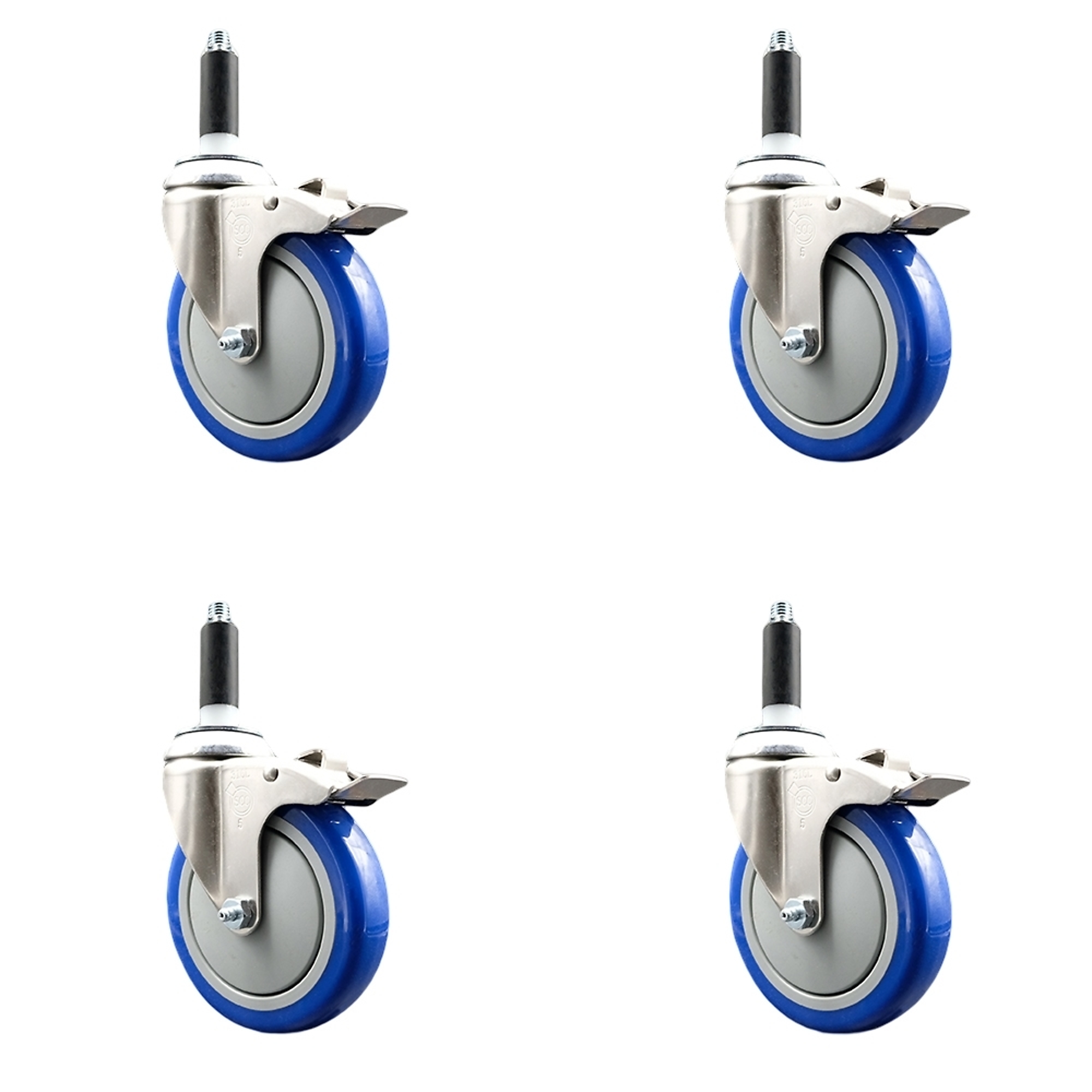 Service Caster, 5Inch x 1 1/4Inch Stem Casters, Wheel Diameter 5 in, Caster Type Swivel, Package (qty.) 4, Model SCC-SS316TTLEX20S514-PPUB-BLUE-34-4