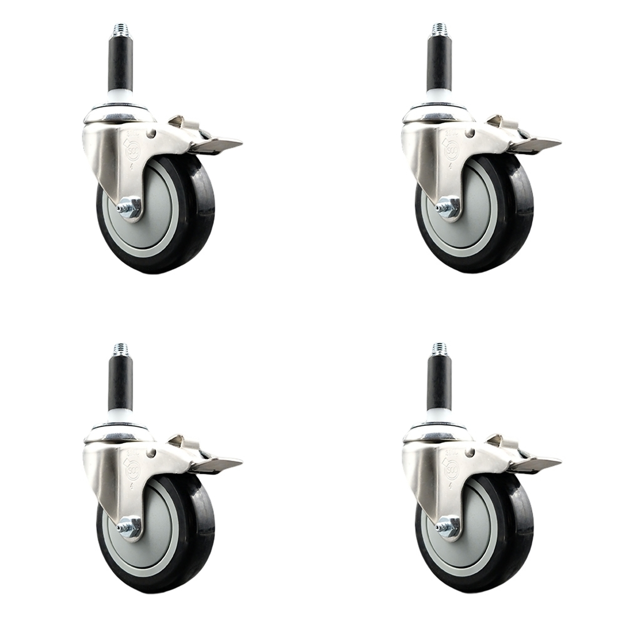 Service Caster, 4Inch x 1 1/4Inch Stem Casters, Wheel Diameter 4 in, Caster Type Swivel, Package (qty.) 4, Model SCC-SS316TTLEX20S414-PPUB-BLK-34-4