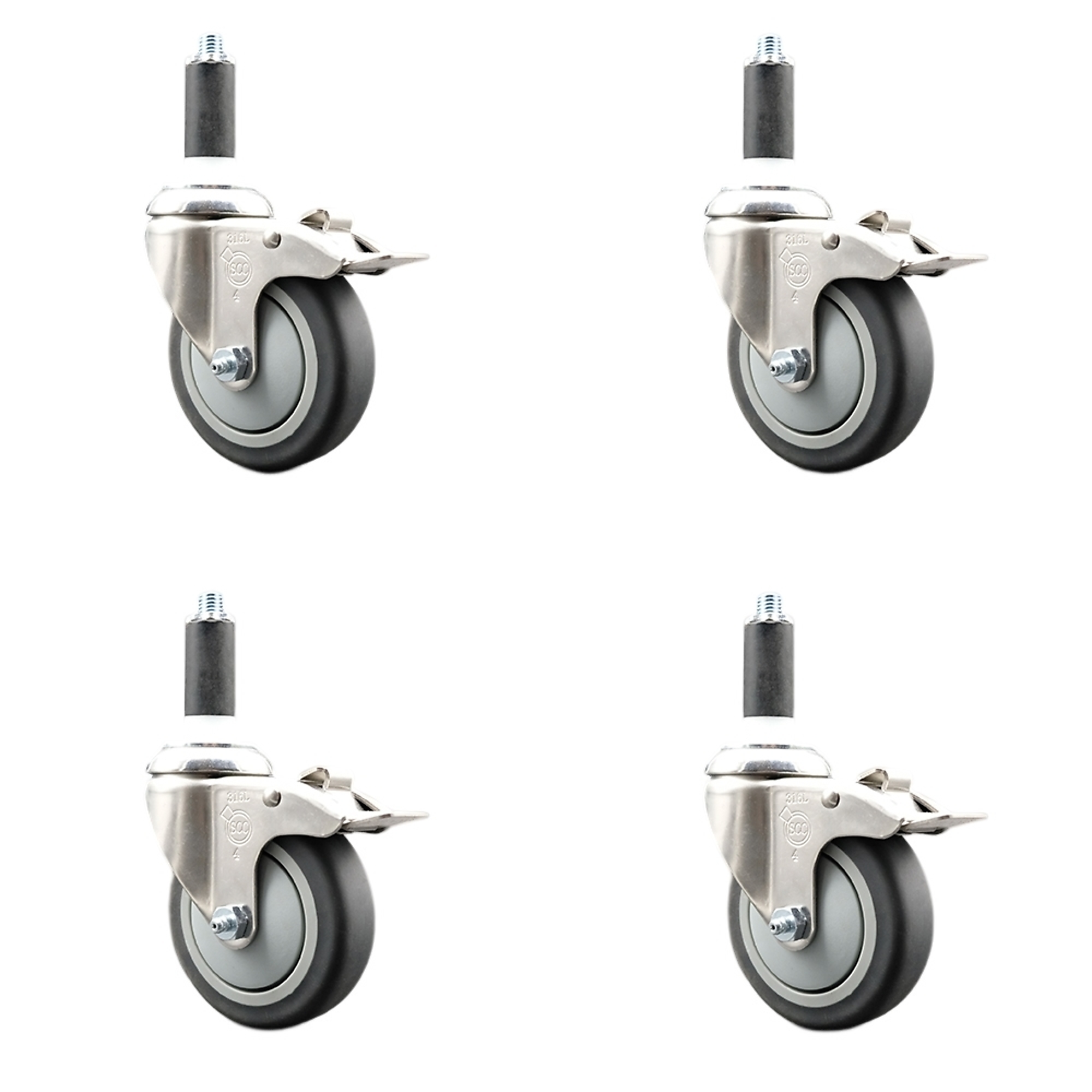 Service Caster, 4Inch x 1 1/4Inch Stem Casters, Wheel Diameter 4 in, Caster Type Swivel, Package (qty.) 4, Model SCC-SS316TTLEX20S414-TPRB-1-4