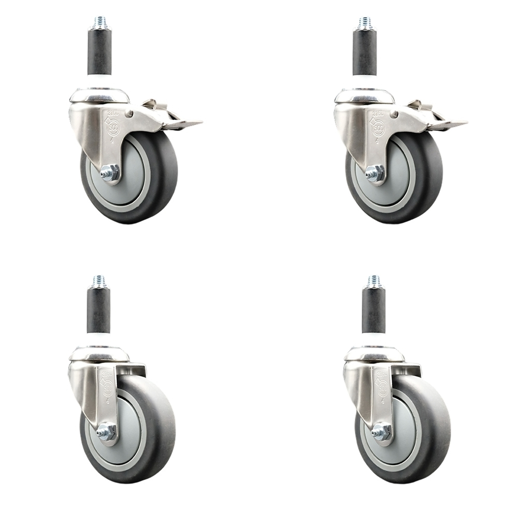 Service Caster, 4Inch x 1 1/4Inch Stem Casters, Wheel Diameter 4 in, Caster Type Swivel, Package (qty.) 4, Model SCC-SS316TTLEX20S414-TPRB-2-S-2-1