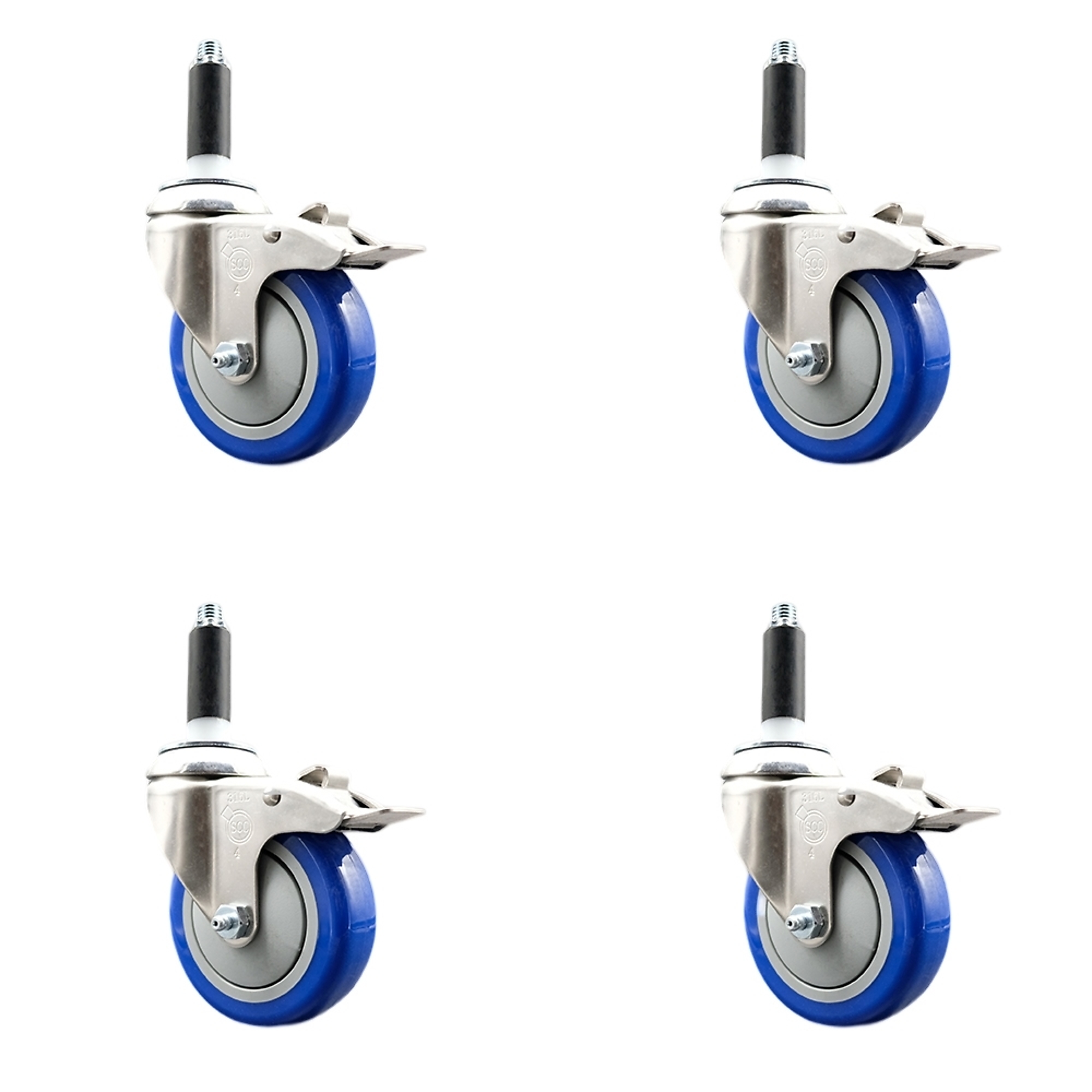 Service Caster, 4Inch x 1 1/4Inch Stem Casters, Wheel Diameter 4 in, Caster Type Swivel, Package (qty.) 4, Model SCC-SS316TTLEX20S414-PPUB-BLUE-34-4