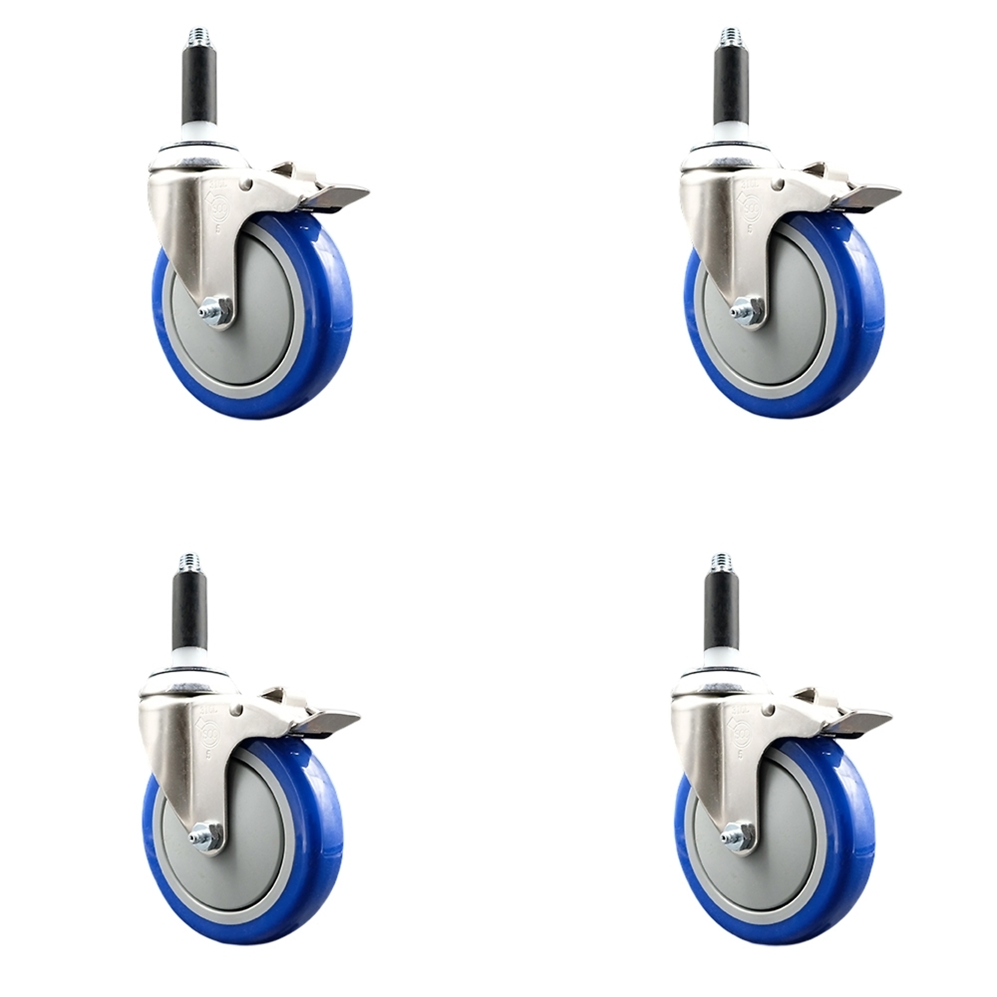 Service Caster, 5Inch x 1 1/4Inch Stem Casters, Wheel Diameter 5 in, Caster Type Swivel, Package (qty.) 4, Model SCC-SS316TTLEX20S514-PPUB-BLUE-78-4