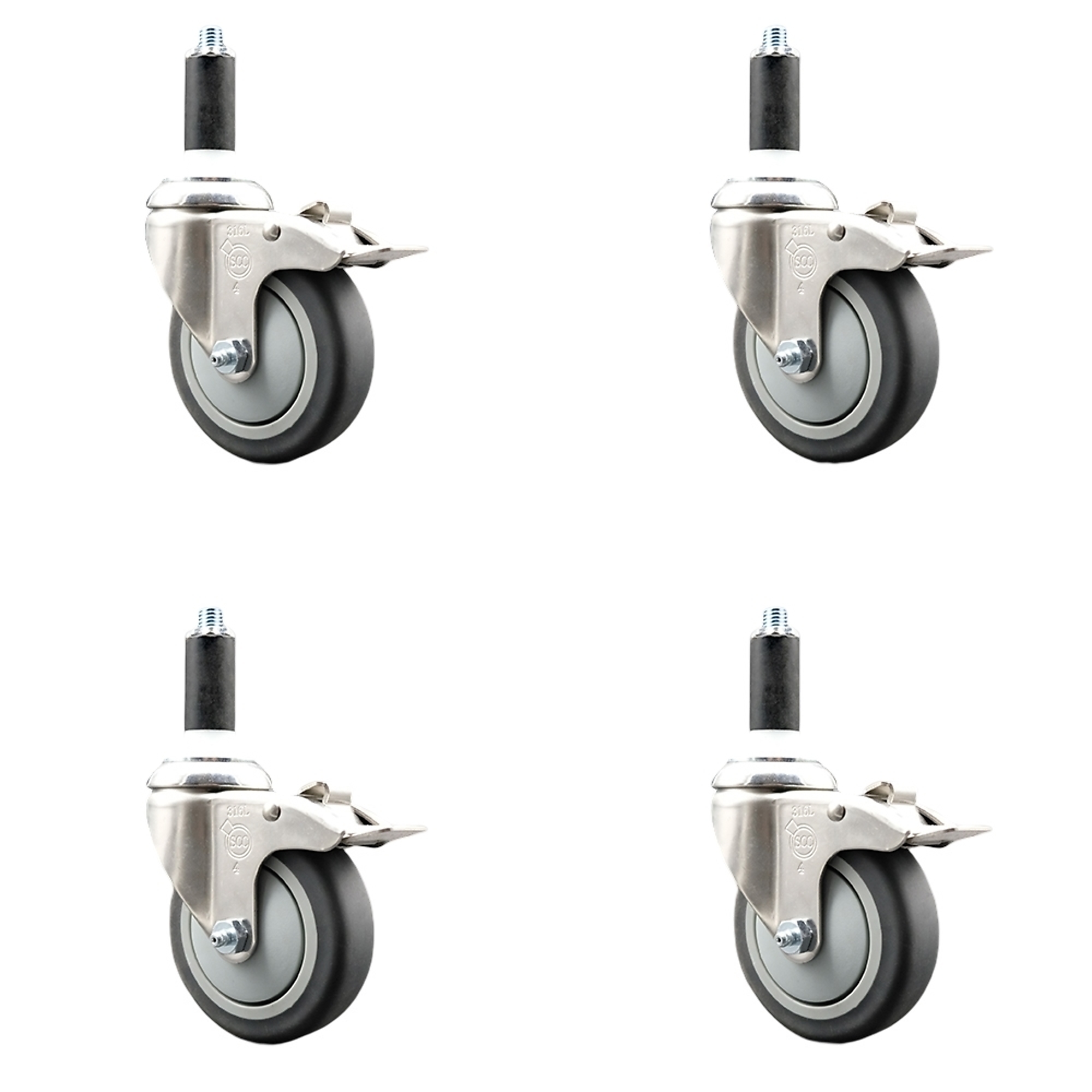 Service Caster, 4Inch x 1 1/4Inch Stem Casters, Wheel Diameter 4 in, Caster Type Swivel, Package (qty.) 4, Model SCC-SS316TTLEX20S414-TPRB-118-4