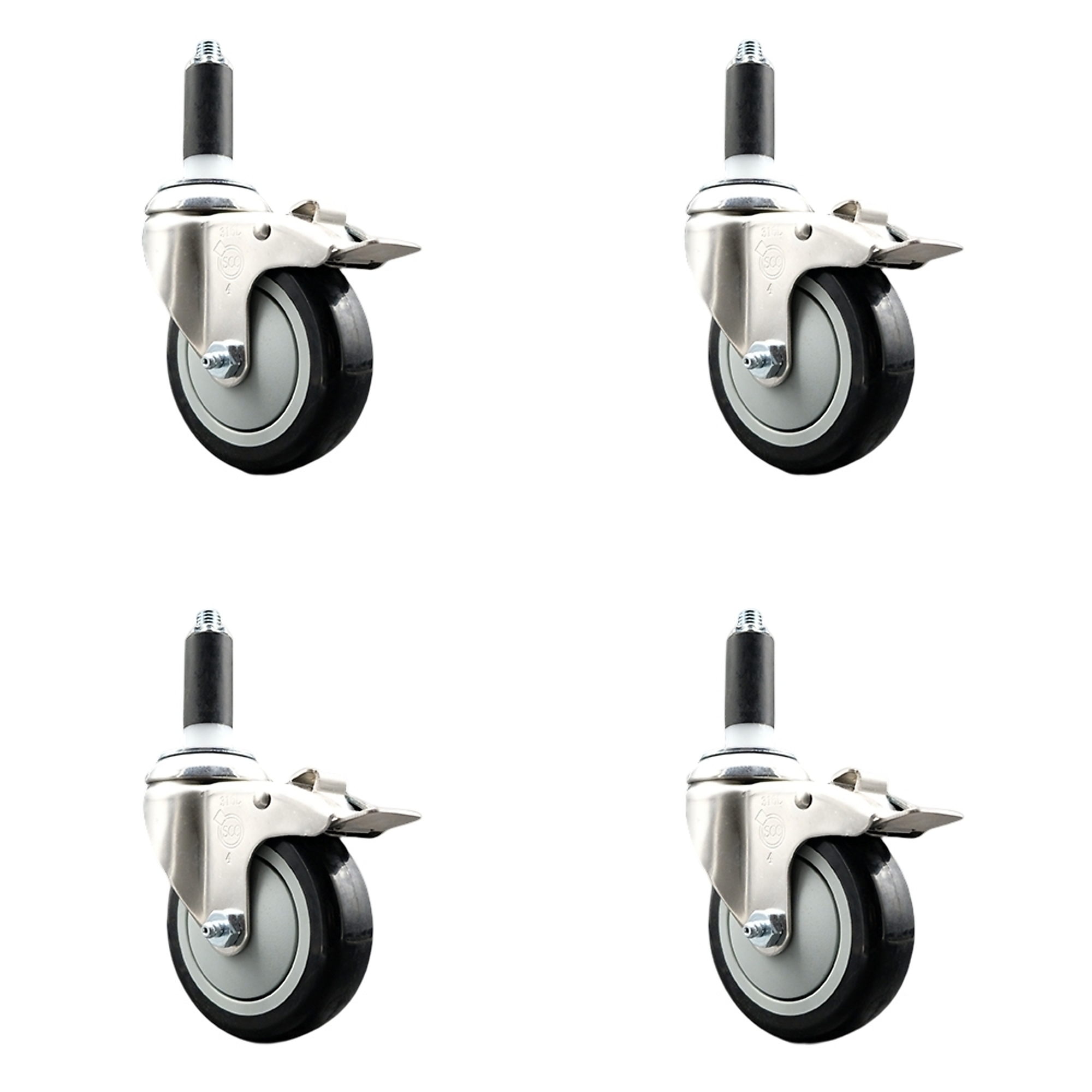 Service Caster, 4Inch x 1 1/4Inch Stem Casters, Wheel Diameter 4 in, Caster Type Swivel, Package (qty.) 4, Model SCC-SS316TTLEX20S414-PPUB-BLK-118-4