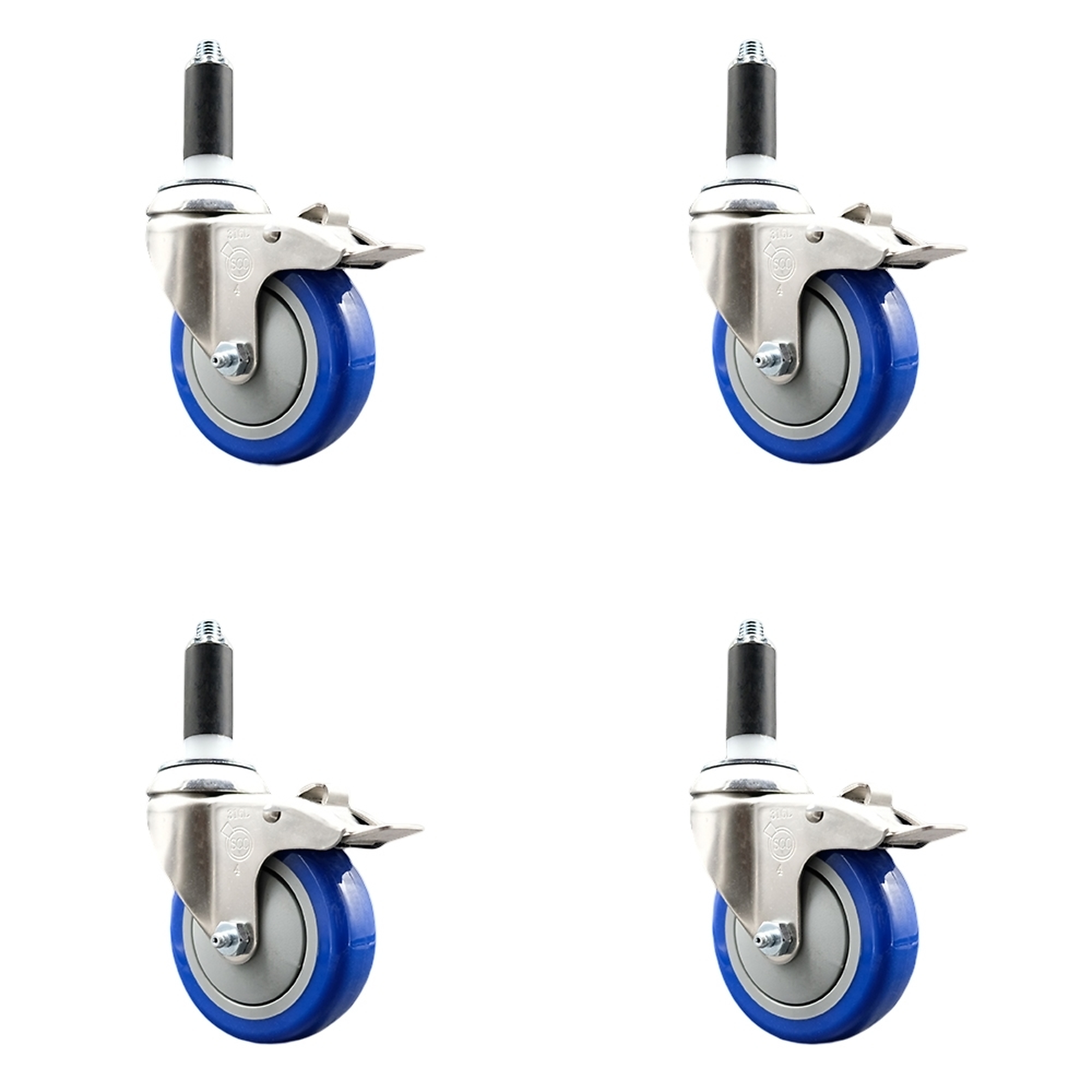 Service Caster, 4Inch x 1 1/4Inch Stem Casters, Wheel Diameter 4 in, Caster Type Swivel, Package (qty.) 4, Model SCC-SS316TTLEX20S414-PPUB-BLUE-118-4