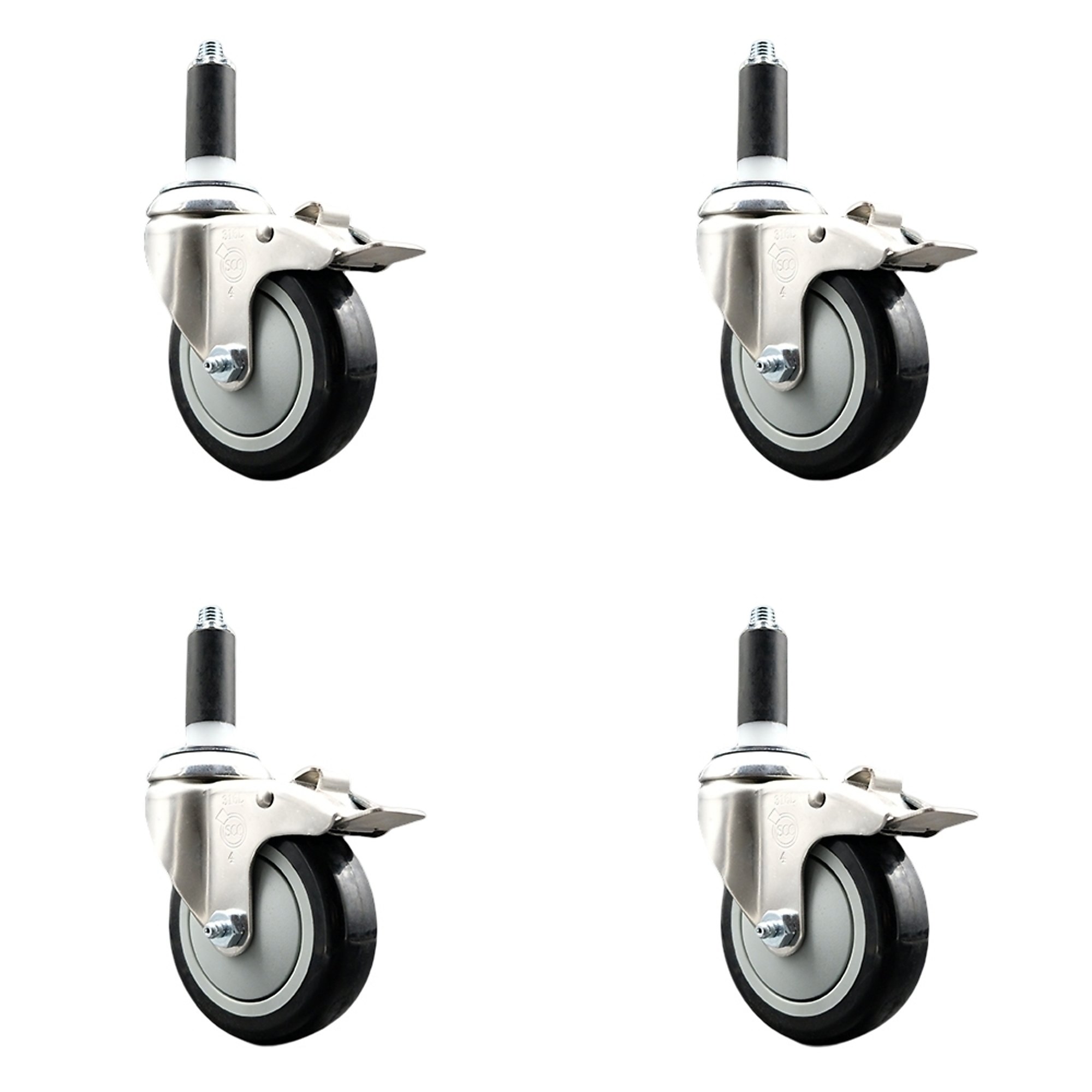 Service Caster, 4Inch x 1 1/4Inch Stem Casters, Wheel Diameter 4 in, Caster Type Swivel, Package (qty.) 4, Model SCC-SS316TTLEX20S414-PPUB-BLK-1-4