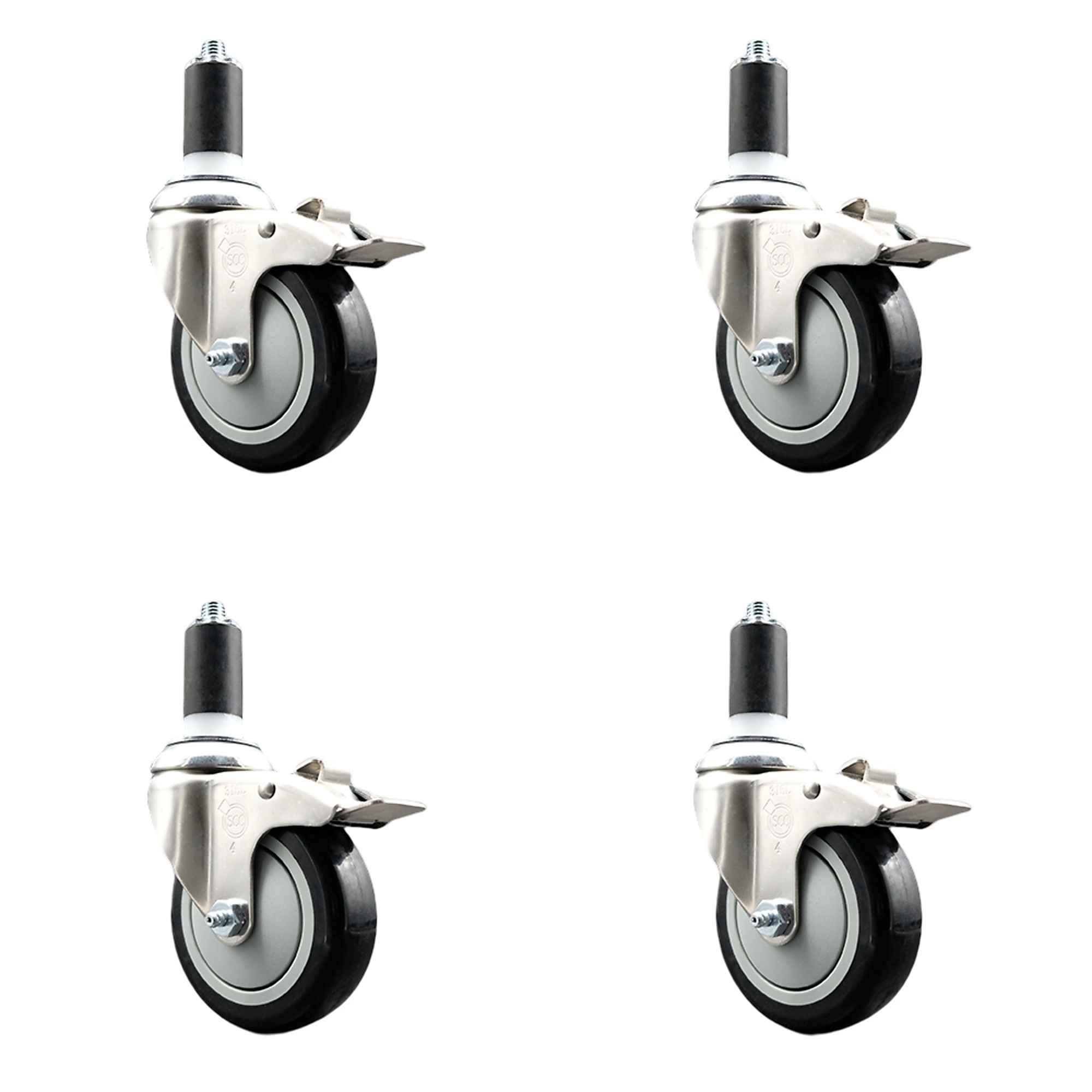 Service Caster, 4Inch x 1 1/4Inch Stem Casters, Wheel Diameter 4 in, Caster Type Swivel, Package (qty.) 4, Model SCC-SS316TTLEX20S414-PPUB-BLK-114-4