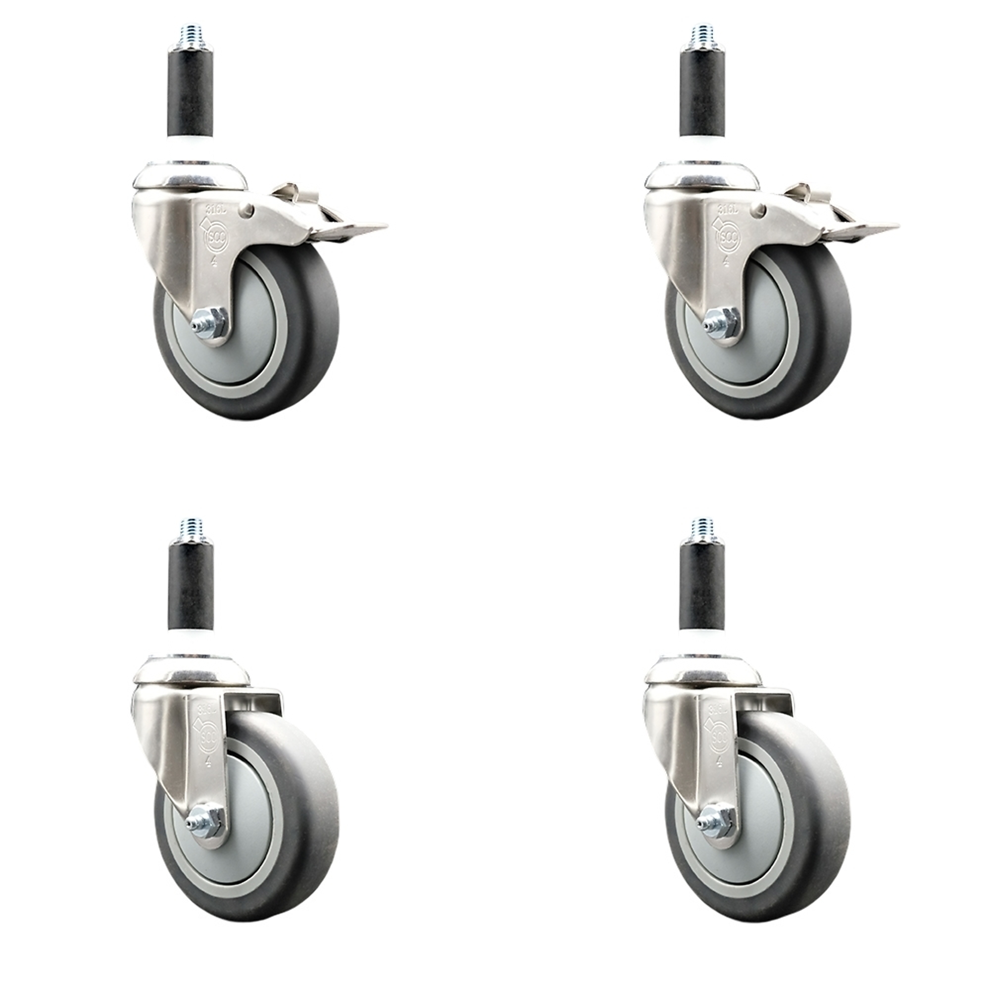 Service Caster, 4Inch x 1 1/4Inch Stem Casters, Wheel Diameter 4 in, Caster Type Swivel, Package (qty.) 4, Model SCC-SS316TTLEX20S414-TPRB-2-S-2-118