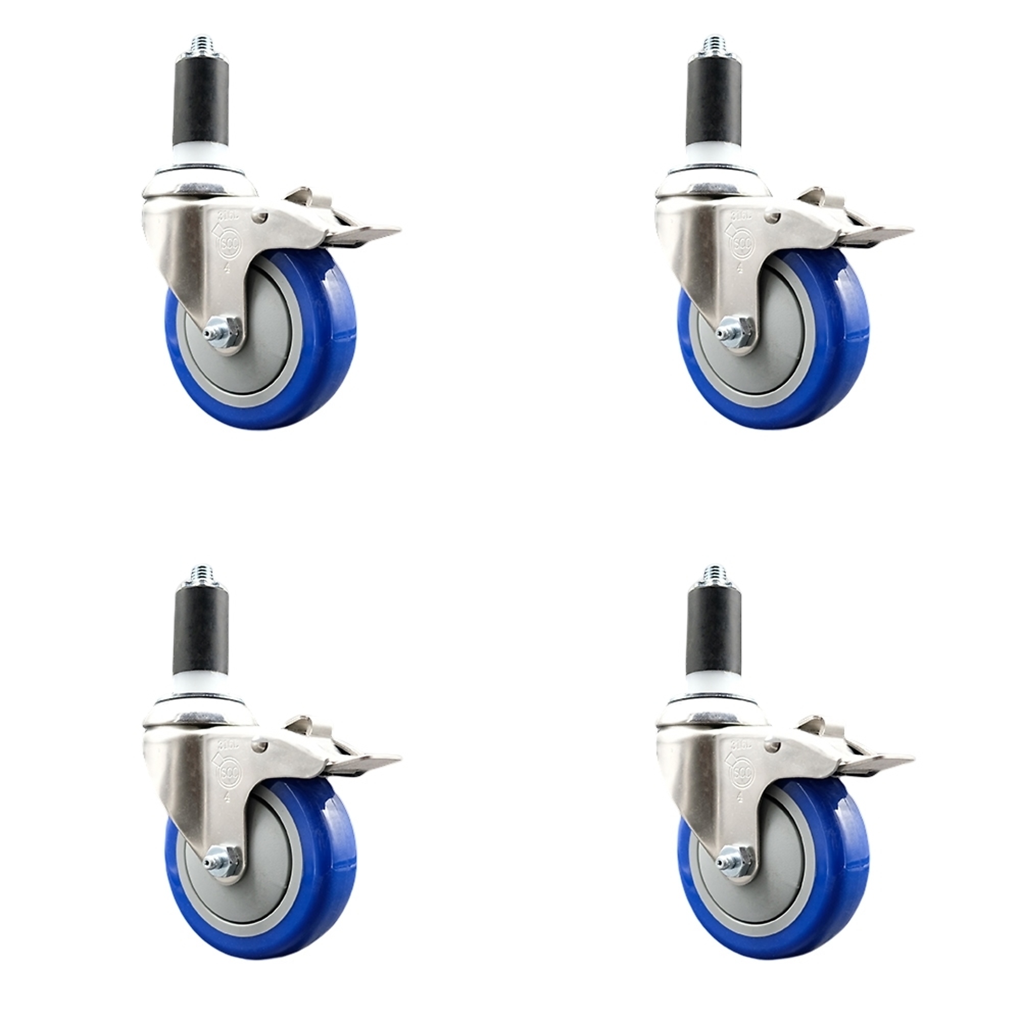 Service Caster, 4Inch x 1 1/4Inch Stem Casters, Wheel Diameter 4 in, Caster Type Swivel, Package (qty.) 4, Model SCC-SS316TTLEX20S414-PPUB-BLUE-138-4