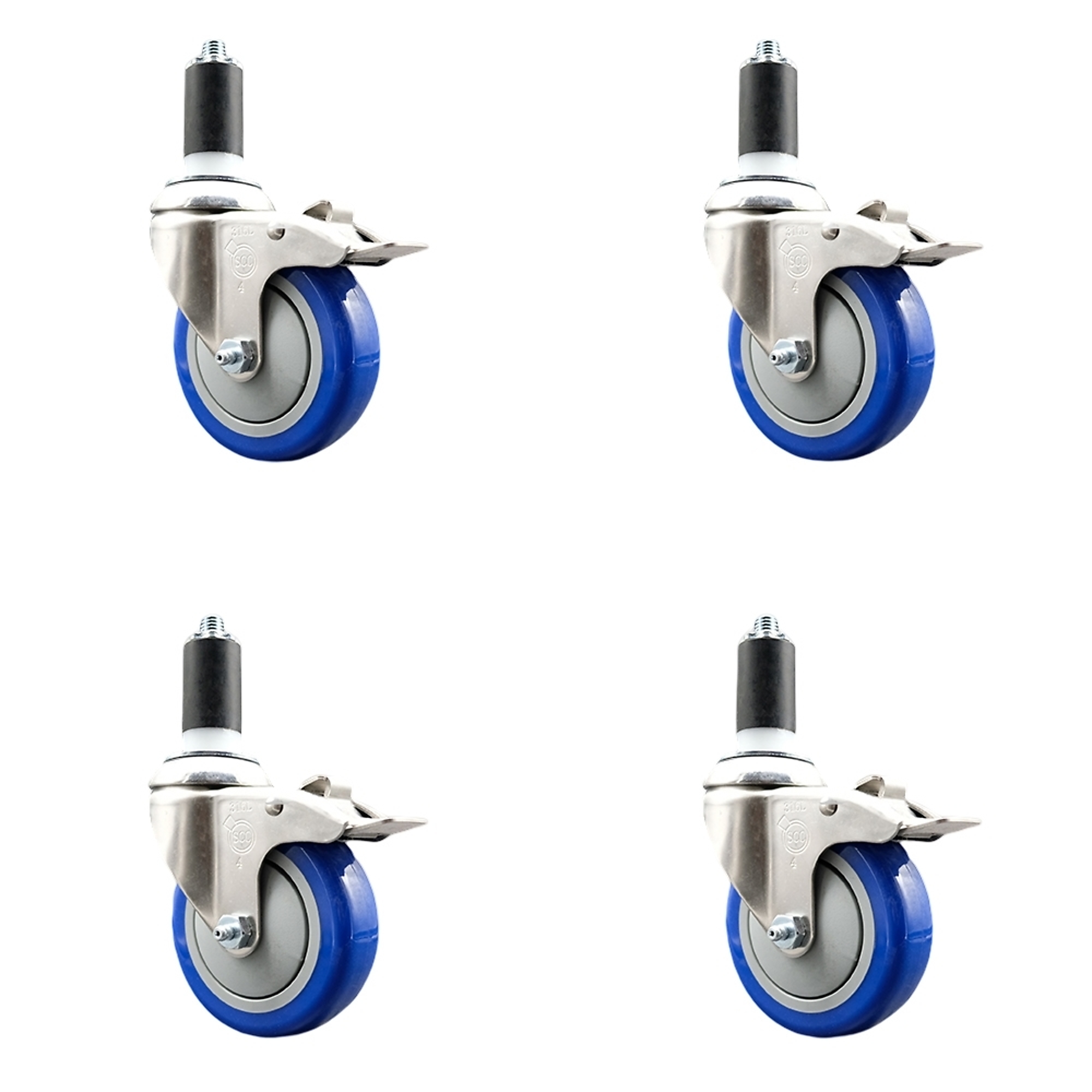 Service Caster, 4Inch x 1 1/4Inch Stem Casters, Wheel Diameter 4 in, Caster Type Swivel, Package (qty.) 4, Model SCC-SS316TTLEX20S414-PPUB-BLUE-114-4