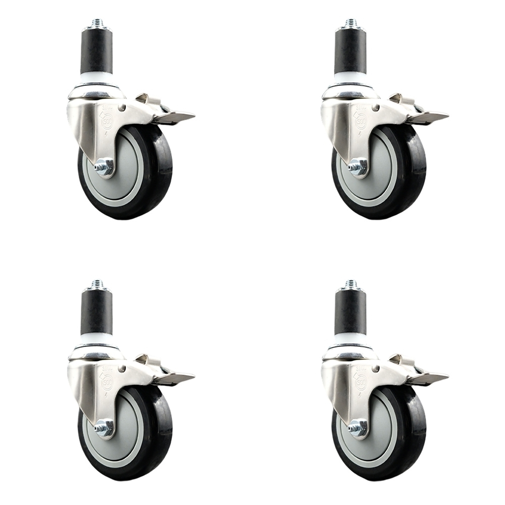 Service Caster, 4Inch x 1 1/4Inch Stem Casters, Wheel Diameter 4 in, Caster Type Swivel, Package (qty.) 4, Model SCC-SS316TTLEX20S414-PPUB-BLK-112-4