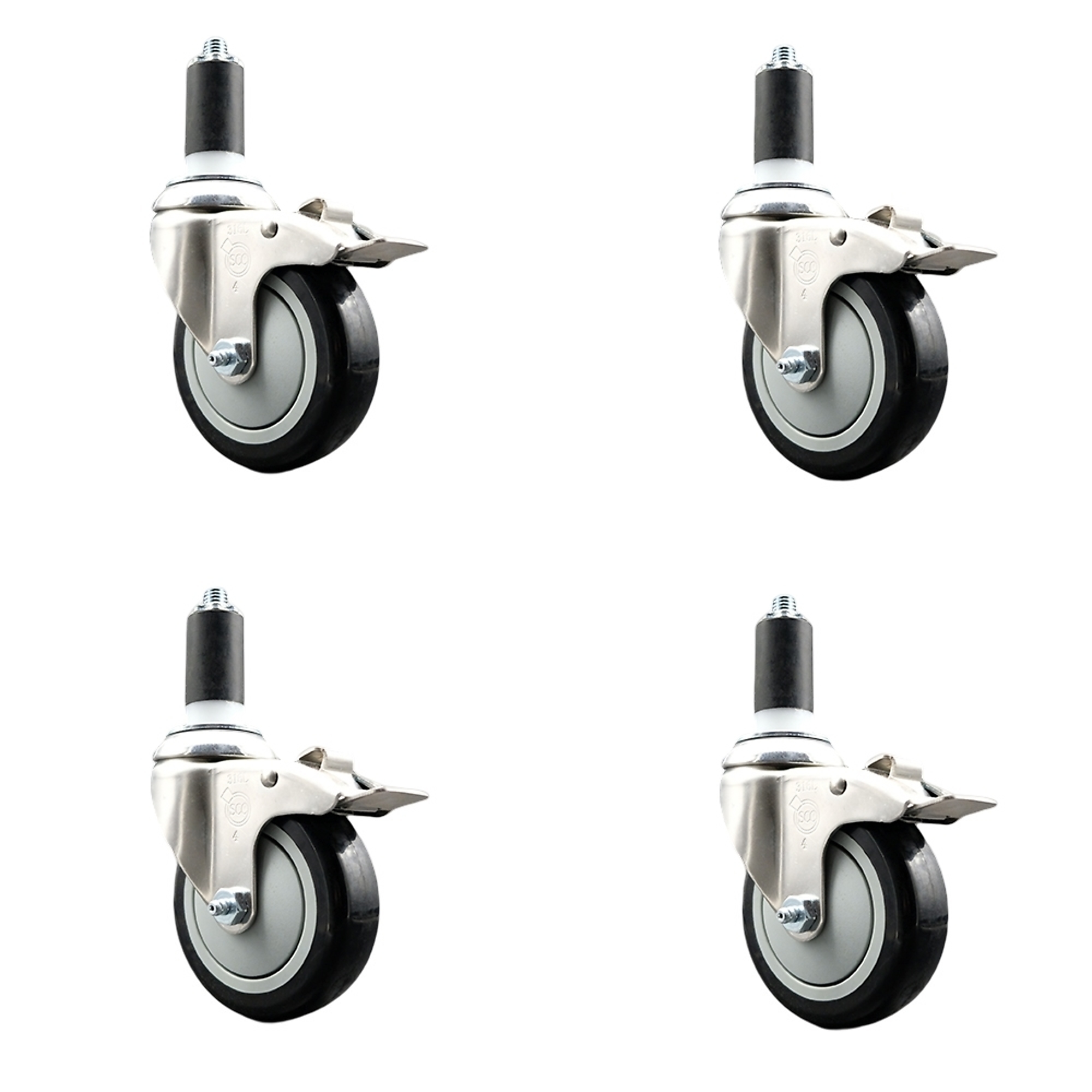 Service Caster, 4Inch x 1 1/4Inch Stem Casters, Wheel Diameter 4 in, Caster Type Swivel, Package (qty.) 4, Model SCC-SS316TTLEX20S414-PPUB-BLK-138-4