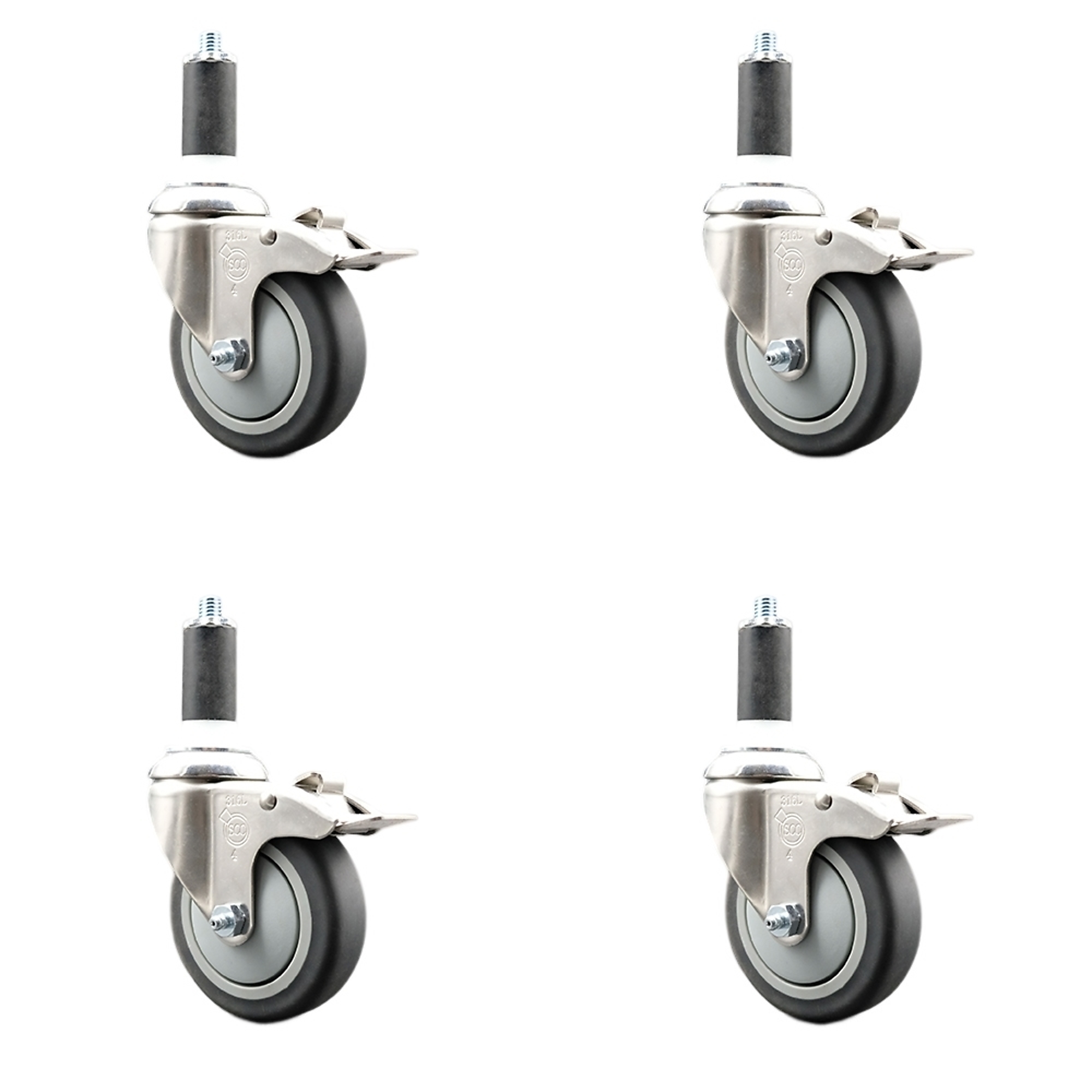 Service Caster, 4Inch x 1 1/4Inch Stem Casters, Wheel Diameter 4 in, Caster Type Swivel, Package (qty.) 4, Model SCC-SS316TTLEX20S414-TPRB-114-4