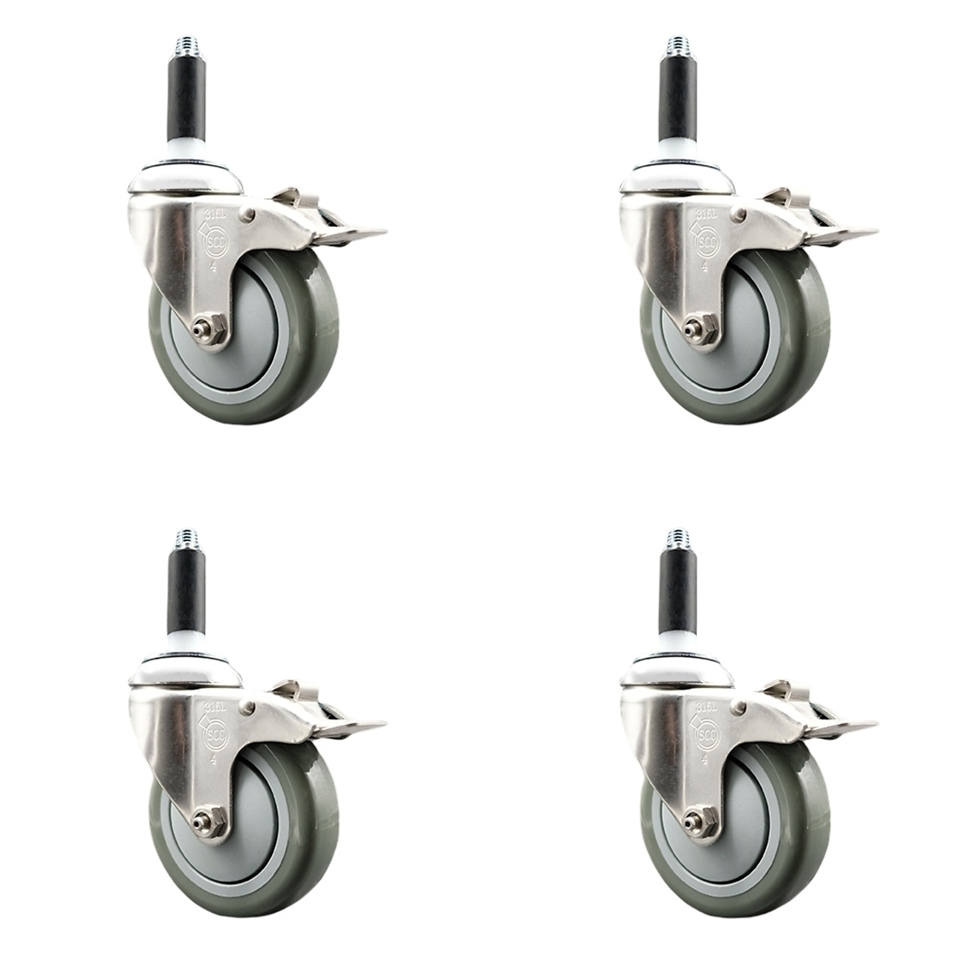 Service Caster, 4Inch x 1 1/4Inch Stem Casters, Wheel Diameter 4 in, Caster Type Swivel, Package (qty.) 4, Model SCC-SS316TTLEX20S414-PPUB-34-4