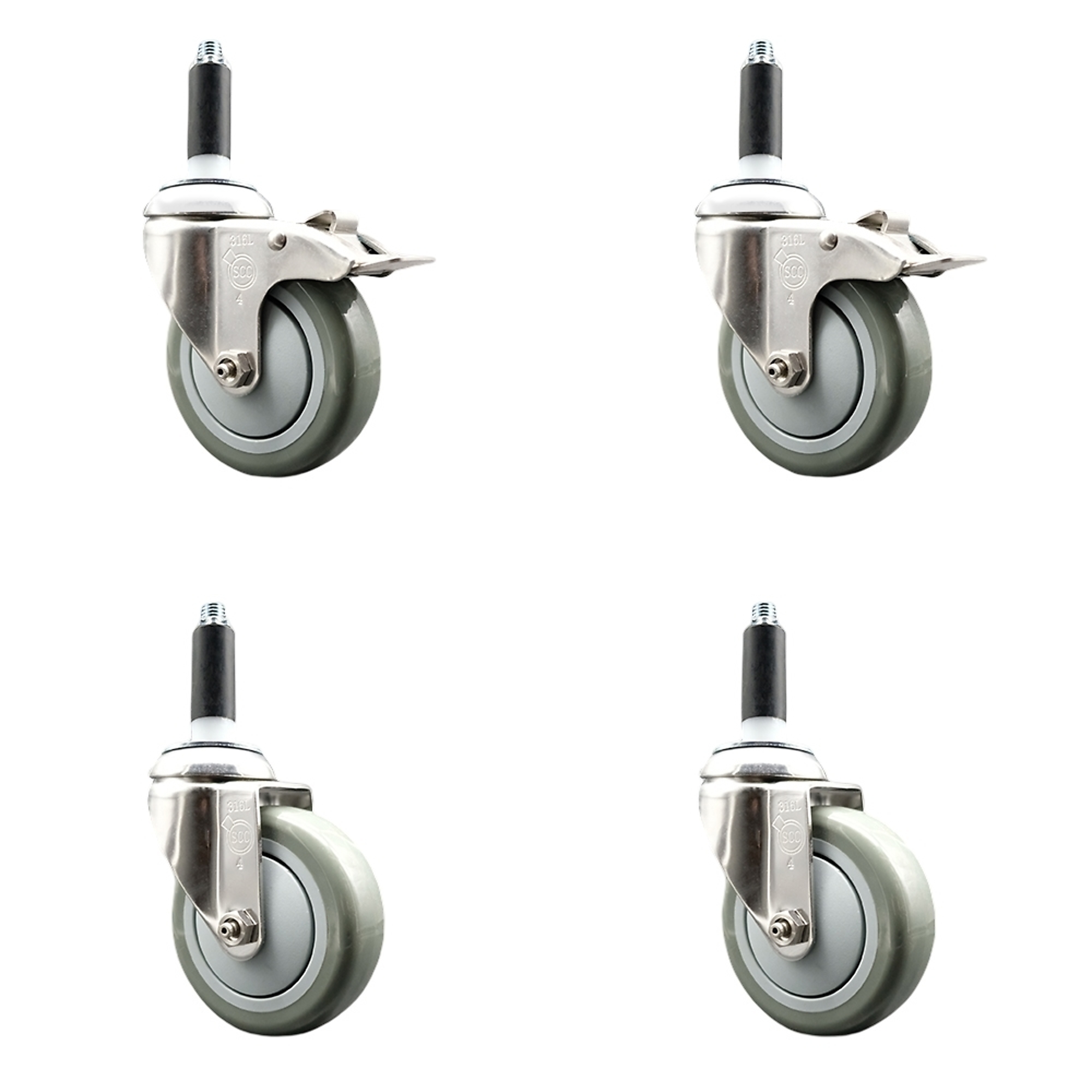 Service Caster, 4Inch x 1 1/4Inch Stem Casters, Wheel Diameter 4 in, Caster Type Swivel, Package (qty.) 4, Model SCC-SS316TTLEX20S414-PPUB-2-S-2-34