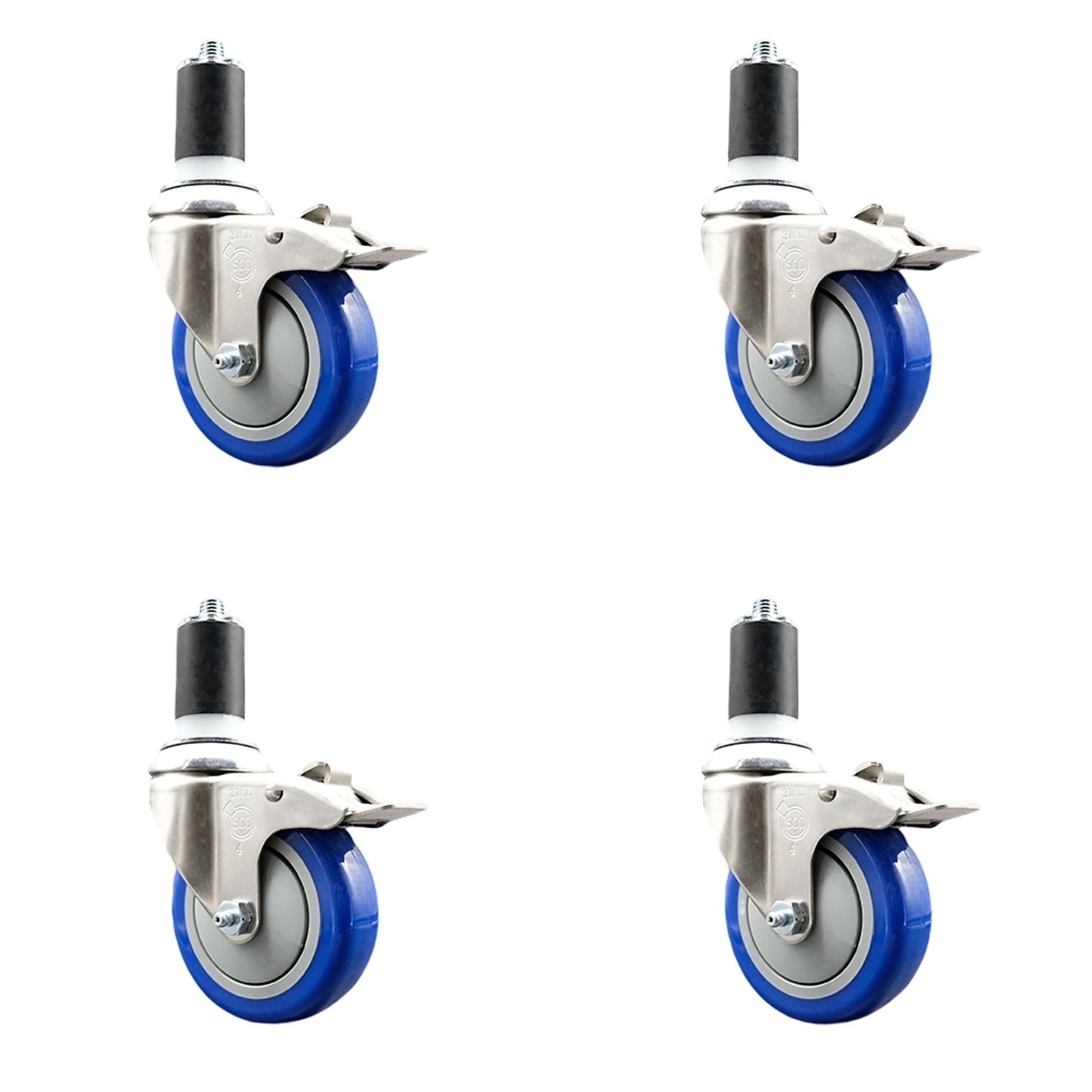 Service Caster, 4Inch x 1 1/4Inch Stem Casters, Wheel Diameter 4 in, Caster Type Swivel, Package (qty.) 4, Model SCC-SS316TTLEX20S414-PPUB-BLUE-112-4