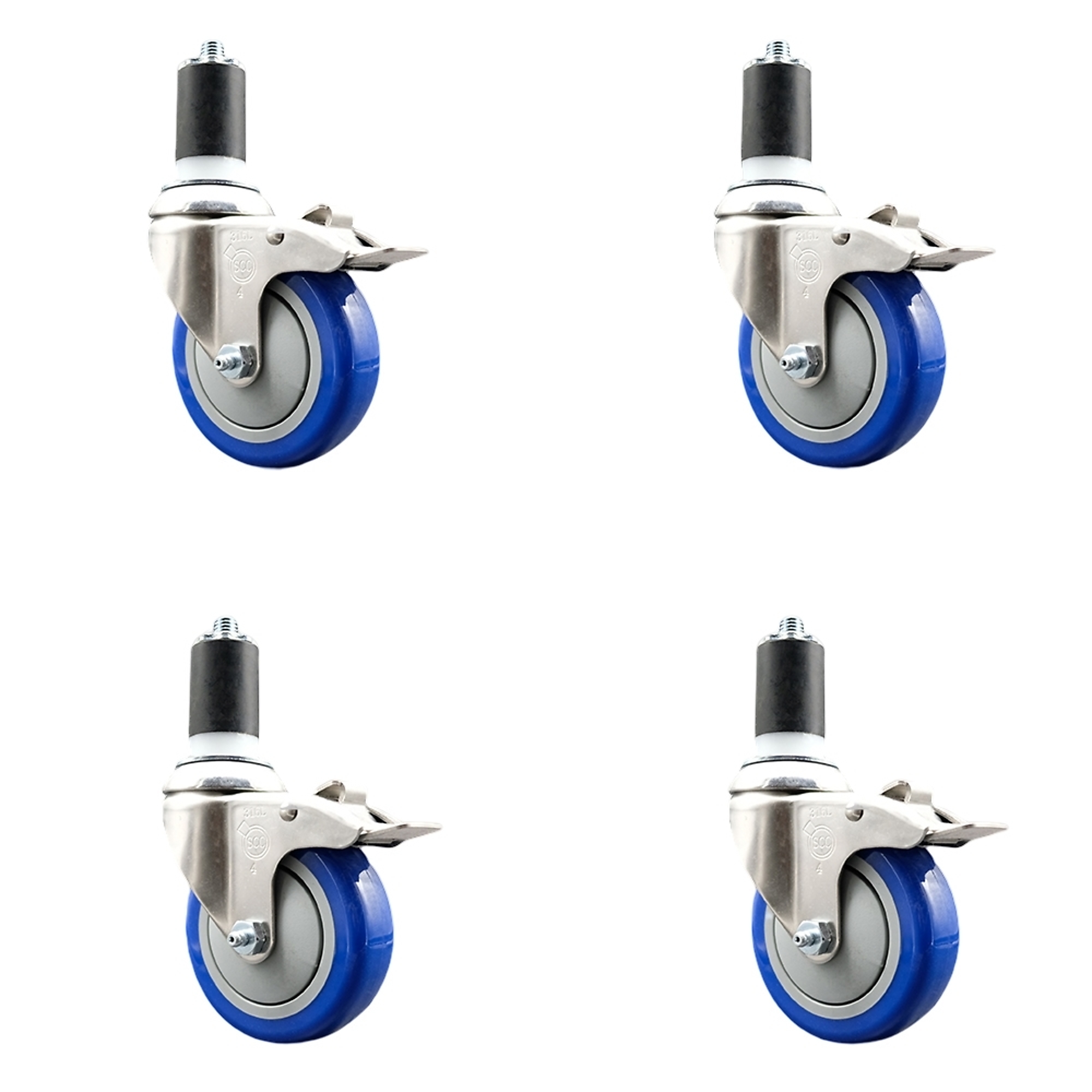 Service Caster, 4Inch x 1 1/4Inch Stem Casters, Wheel Diameter 4 in, Caster Type Swivel, Package (qty.) 4, Model SCC-SS316TTLEX20S414-PPUB-BLUE-158-4