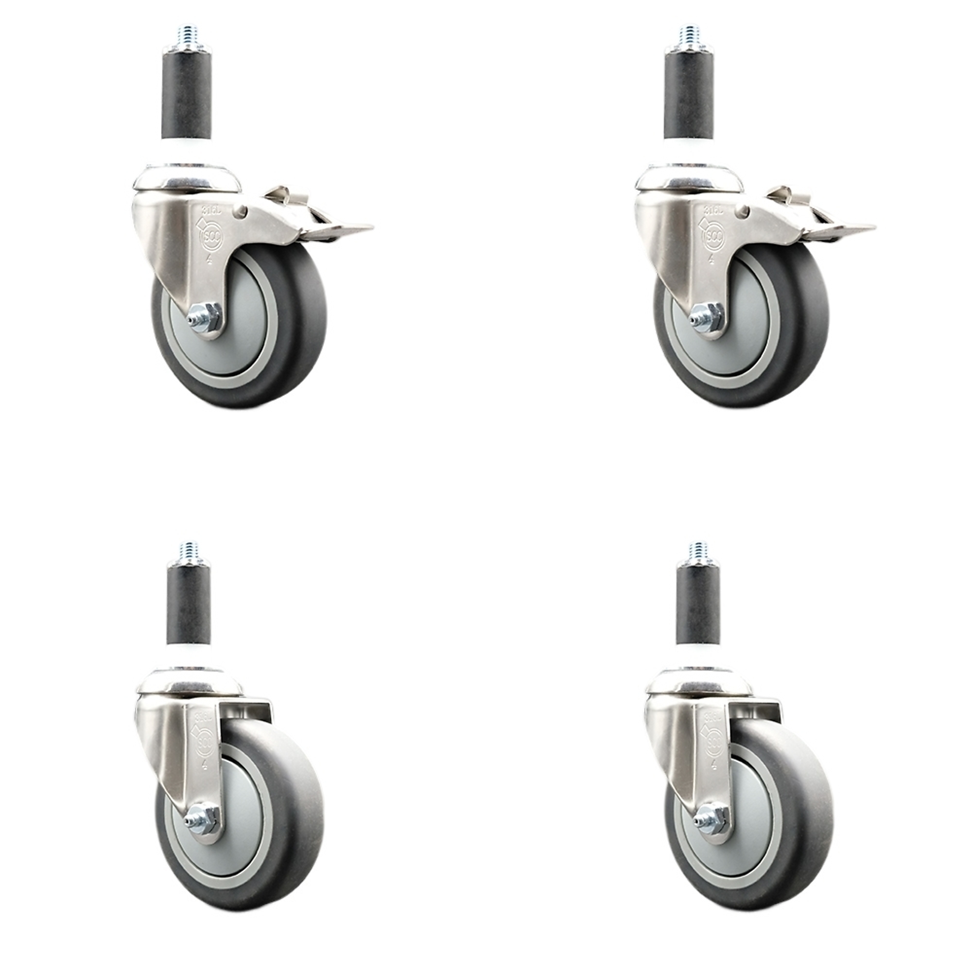 Service Caster, 4Inch x 1 1/4Inch Stem Casters, Wheel Diameter 4 in, Caster Type Swivel, Package (qty.) 4, Model SCC-SS316TTLEX20S414-TPRB-2-S-2-138