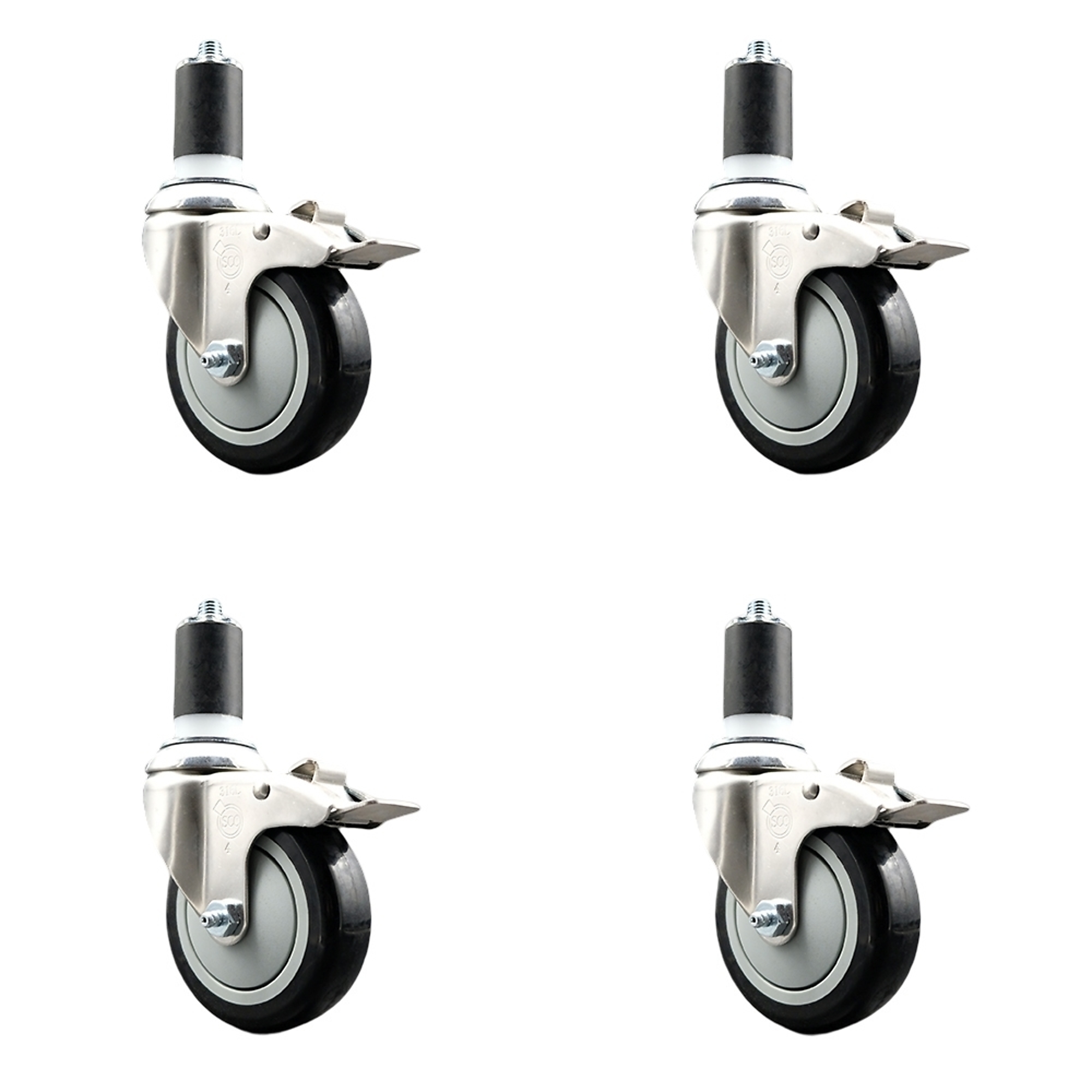 Service Caster, 4Inch x 1 1/4Inch Stem Casters, Wheel Diameter 4 in, Caster Type Swivel, Package (qty.) 4, Model SCC-SS316TTLEX20S414-PPUB-BLK-158-4