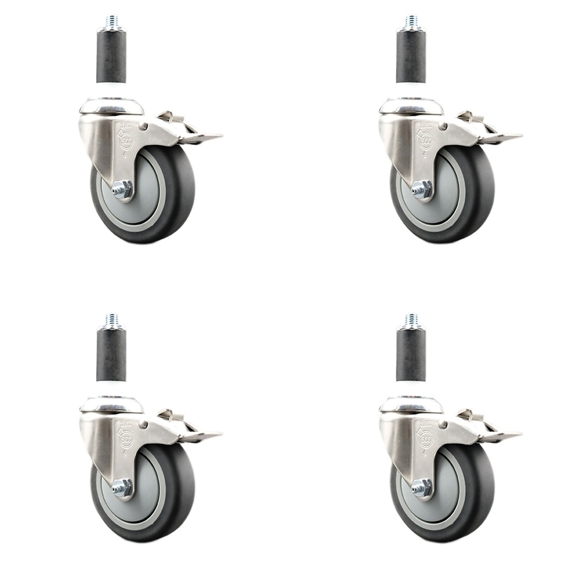 Service Caster, 4Inch x 1 1/4Inch Stem Casters, Wheel Diameter 4 in, Caster Type Swivel, Package (qty.) 4, Model SCC-SS316TTLEX20S414-TPRB-138-4