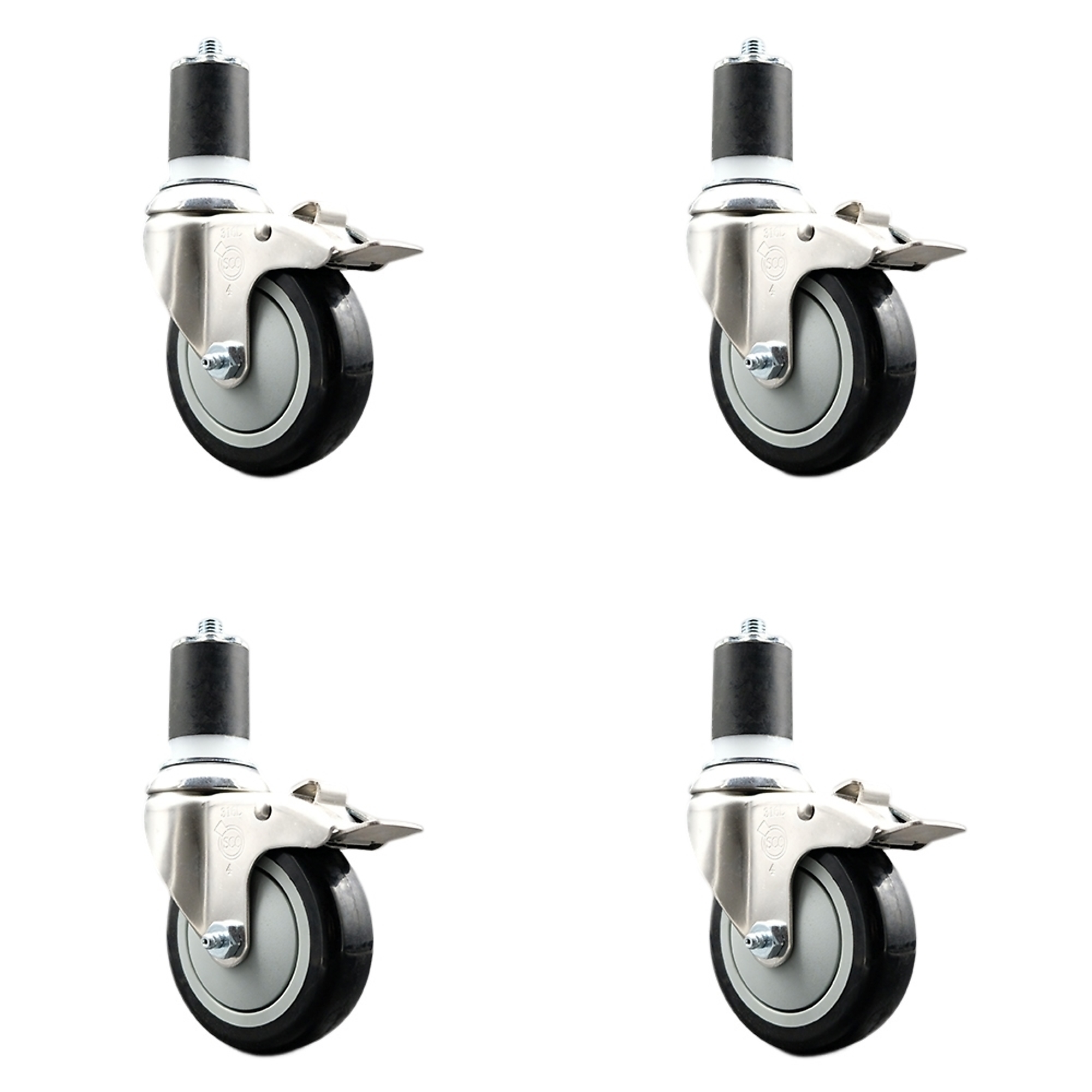 Service Caster, 4Inch x 1 1/4Inch Stem Casters, Wheel Diameter 4 in, Caster Type Swivel, Package (qty.) 4, Model SCC-SS316TTLEX20S414-PPUB-BLK-134-4