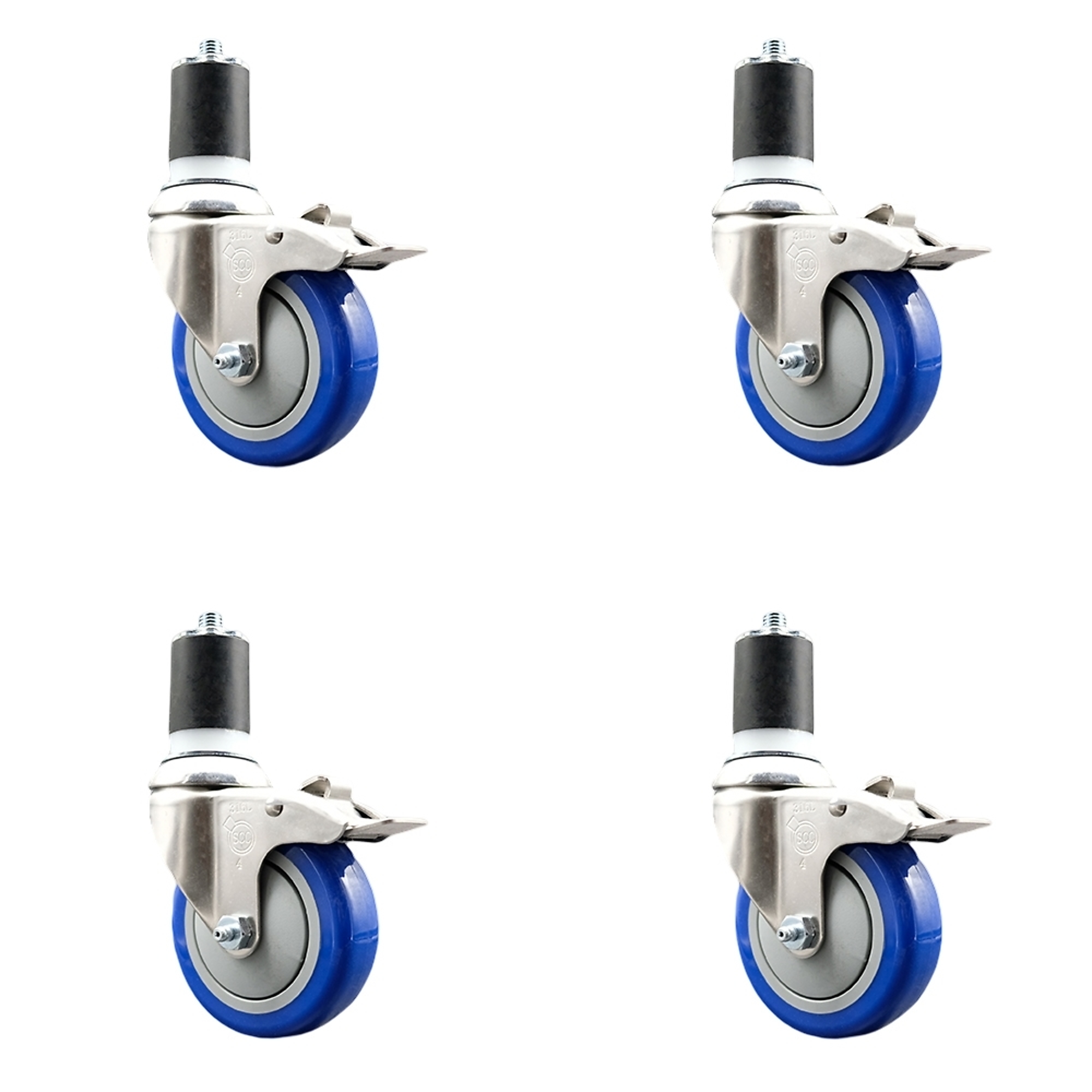 Service Caster, 4Inch x 1 1/4Inch Stem Casters, Wheel Diameter 4 in, Caster Type Swivel, Package (qty.) 4, Model SCC-SS316TTLEX20S414-PPUB-BLUE-134-4