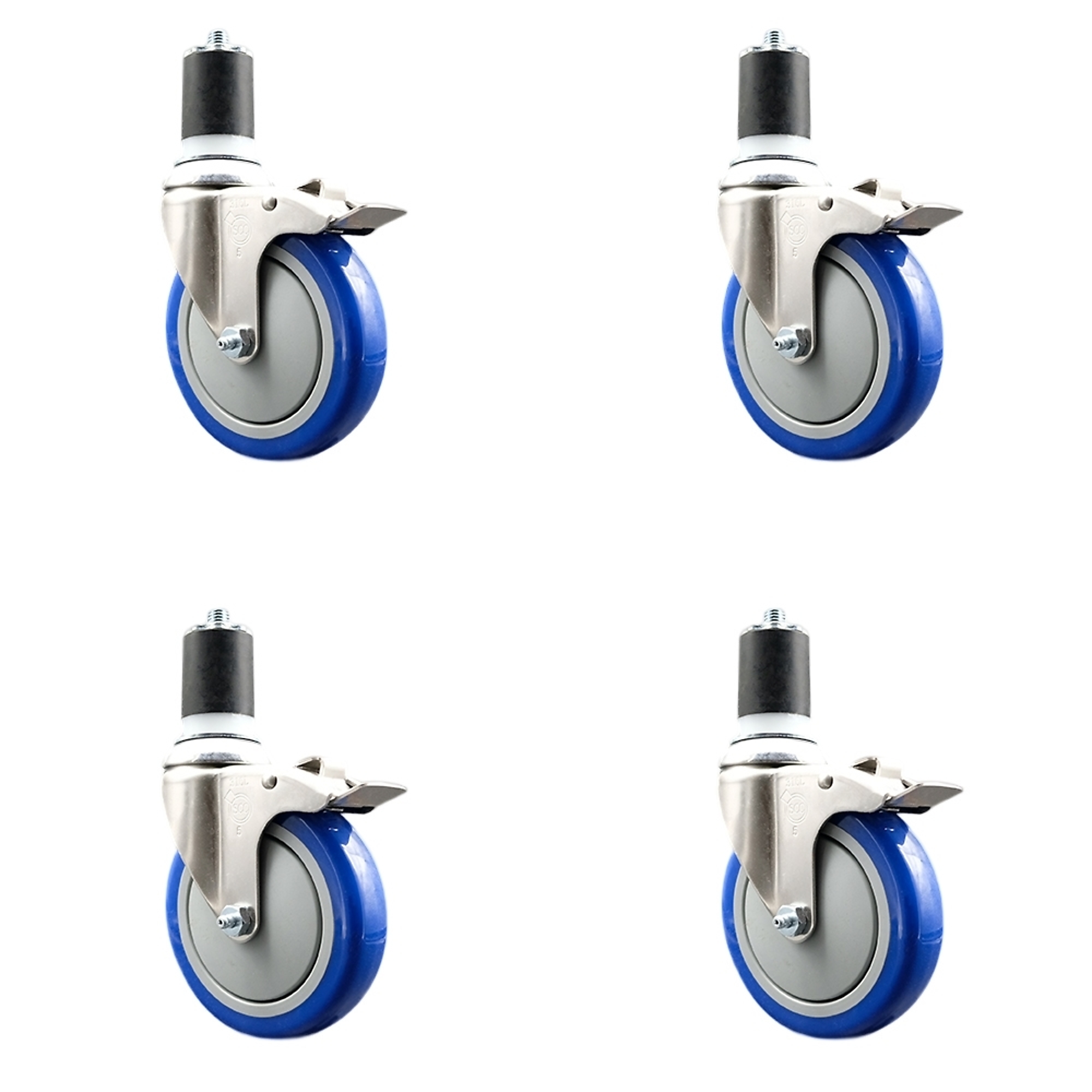 Service Caster, 5Inch x 1 1/4Inch Stem Casters, Wheel Diameter 5 in, Caster Type Swivel, Package (qty.) 4, Model SCC-SS316TTLEX20S514-PPUB-BLUE-134-4