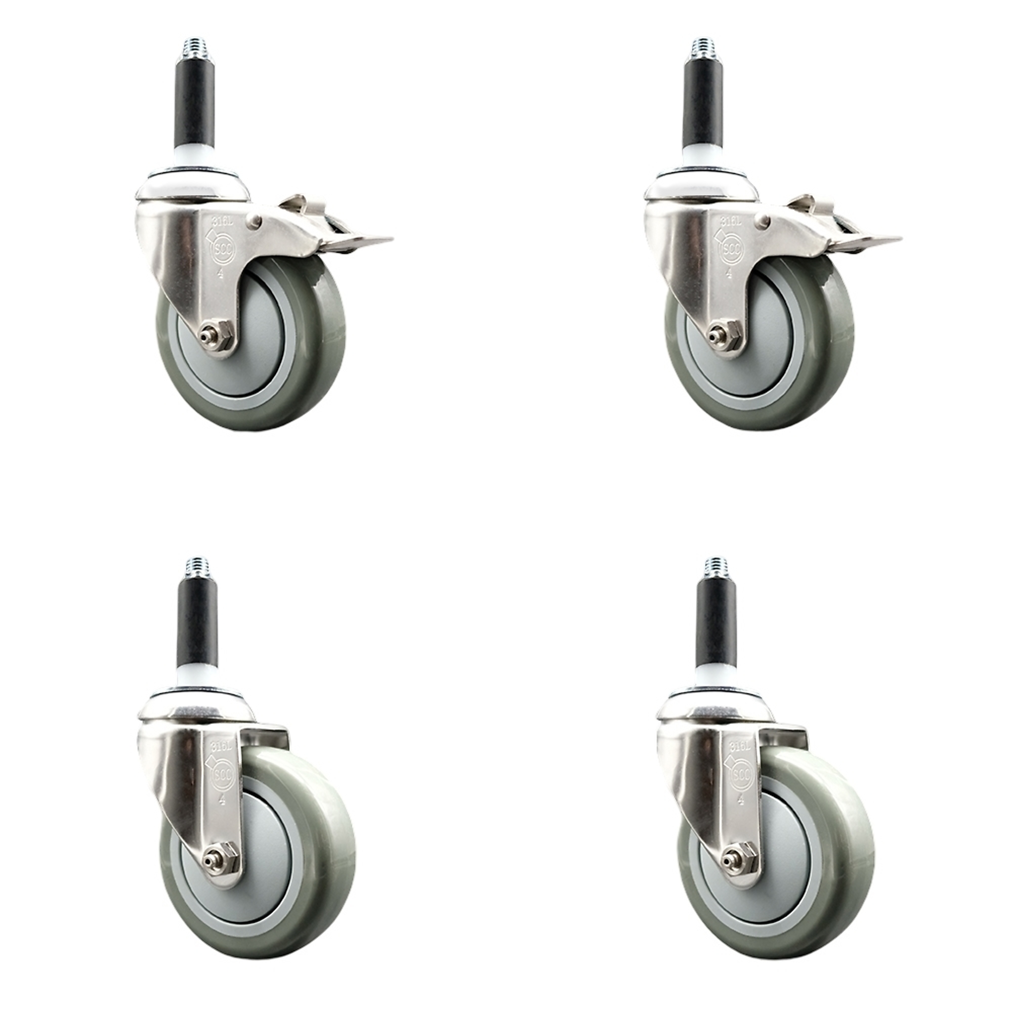 Service Caster, 4Inch x 1 1/4Inch Stem Casters, Wheel Diameter 4 in, Caster Type Swivel, Package (qty.) 4, Model SCC-SS316TTLEX20S414-PPUB-2-S-2-78