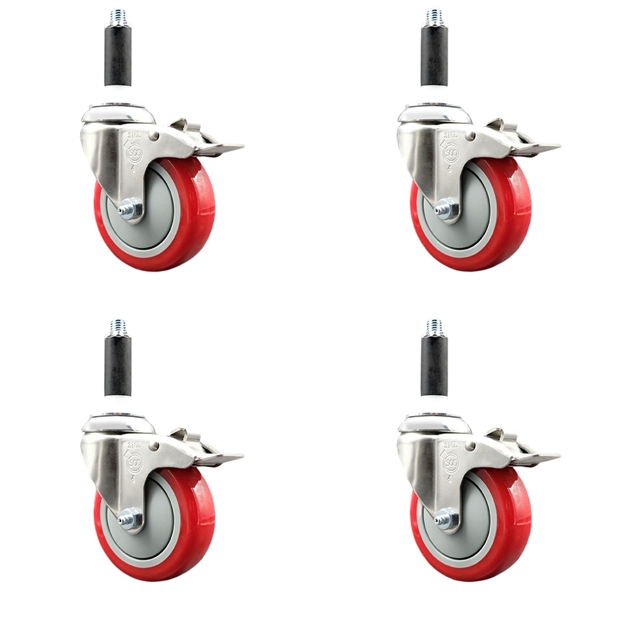 Service Caster, 4Inch x 1 1/4Inch Stem Casters, Wheel Diameter 4 in, Caster Type Swivel, Package (qty.) 4, Model SCC-SS316TTLEX20S414-PPUB-RED-34-4