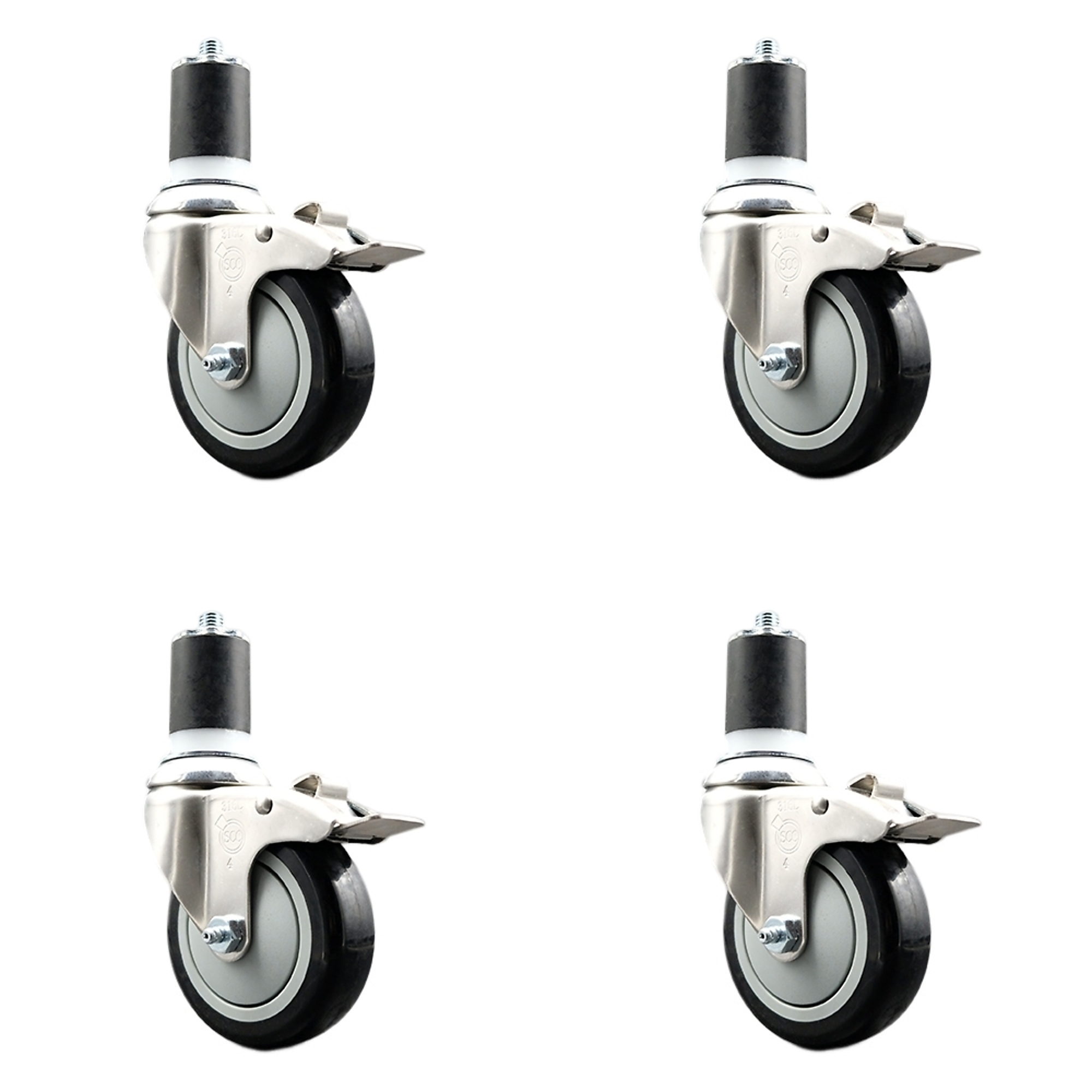 Service Caster, 4Inch x 1 1/4Inch Stem Casters, Wheel Diameter 4 in, Caster Type Swivel, Package (qty.) 4, Model SCC-SS316TTLEX20S414-PPUB-BLK-178-4