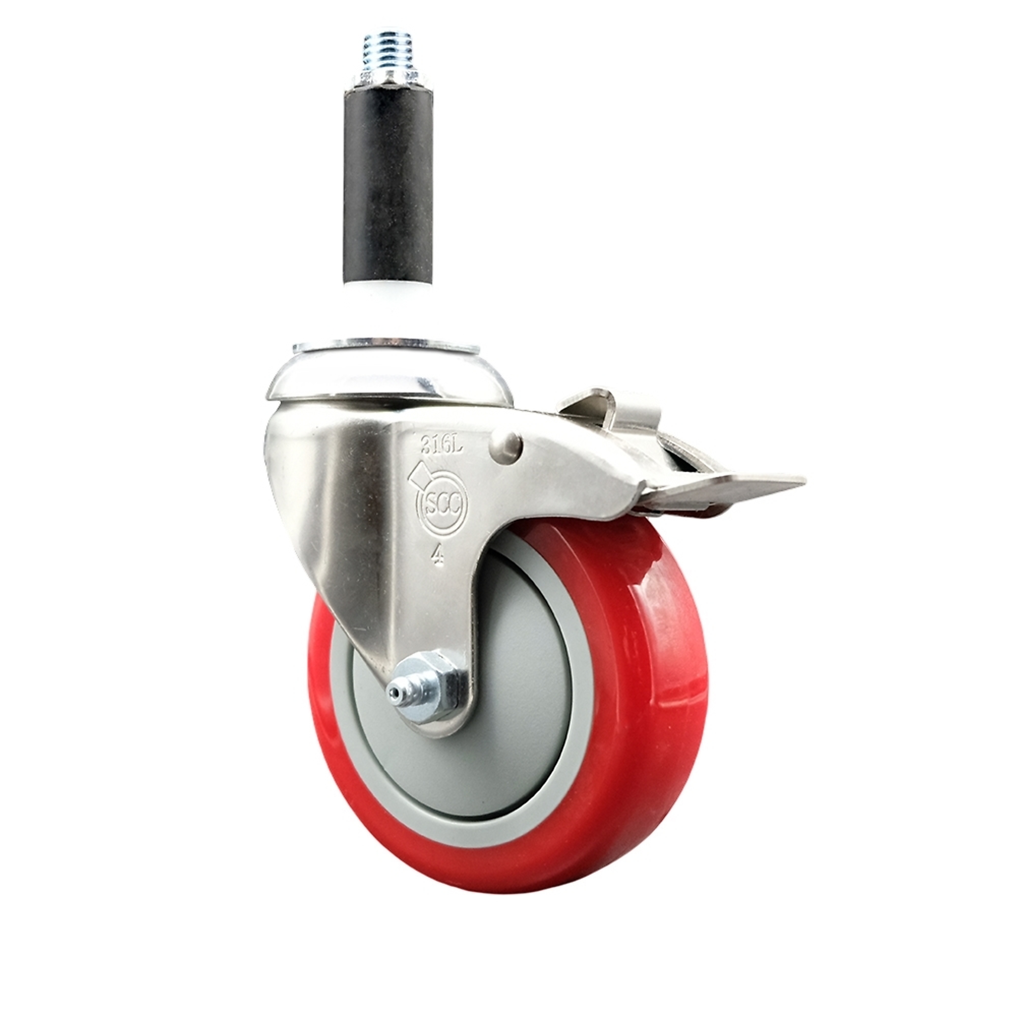 Service Caster, 4Inch x 1 1/4Inch Stem Caster, Wheel Diameter 4 in, Caster Type Swivel, Package (qty.) 1, Model SCC-SS316TTLEX20S414-PPUB-RED-78