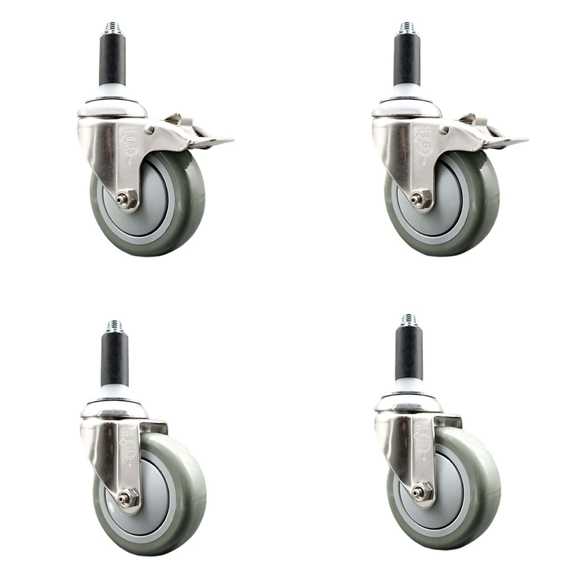 Service Caster, 4Inch x 1 1/4Inch Stem Casters, Wheel Diameter 4 in, Caster Type Swivel, Package (qty.) 4, Model SCC-SS316TTLEX20S414-PPUB-2-S-2-1