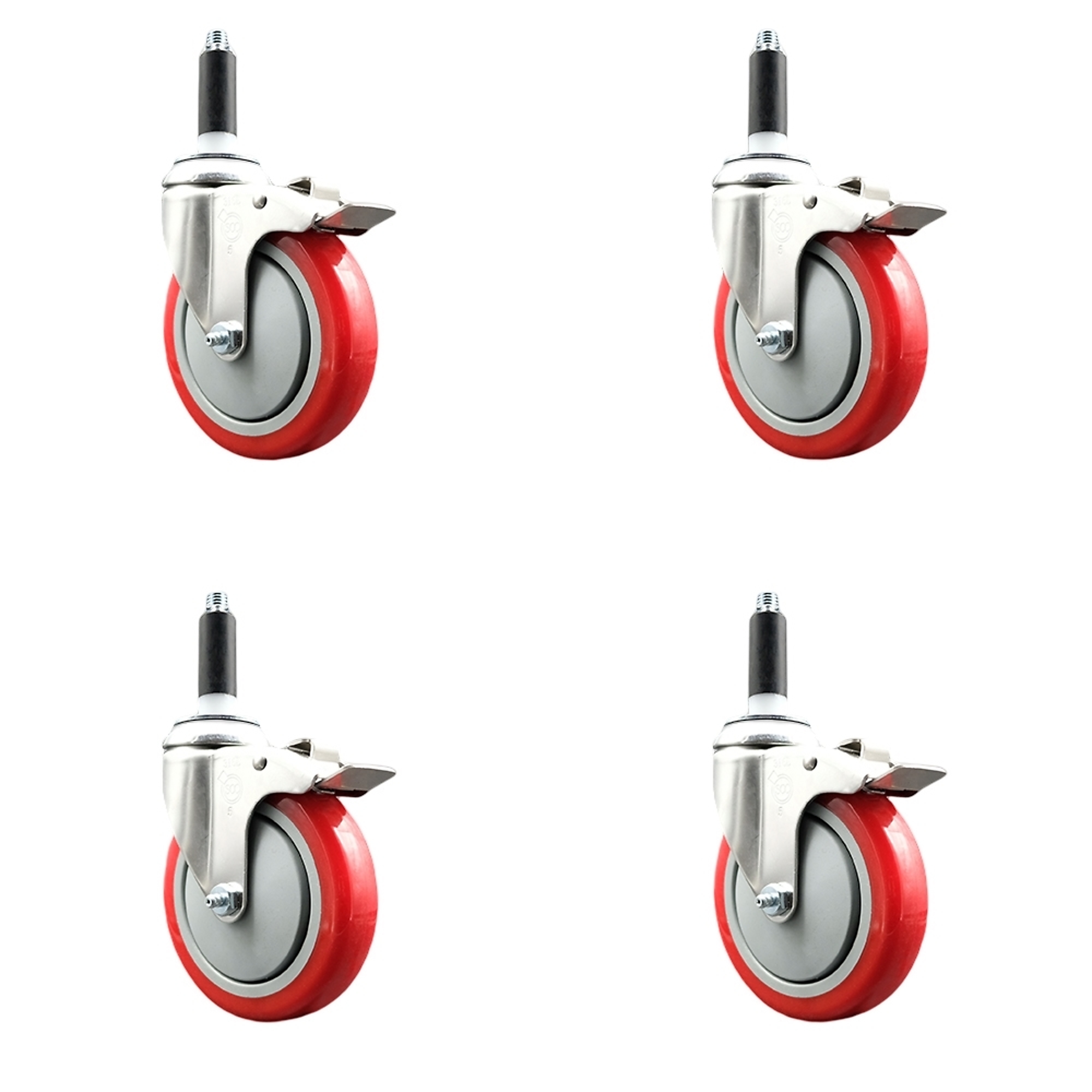 Service Caster, 5Inch x 1 1/4Inch Stem Casters, Wheel Diameter 5 in, Caster Type Swivel, Package (qty.) 4, Model SCC-SS316TTLEX20S514-PPUB-RED-34-4