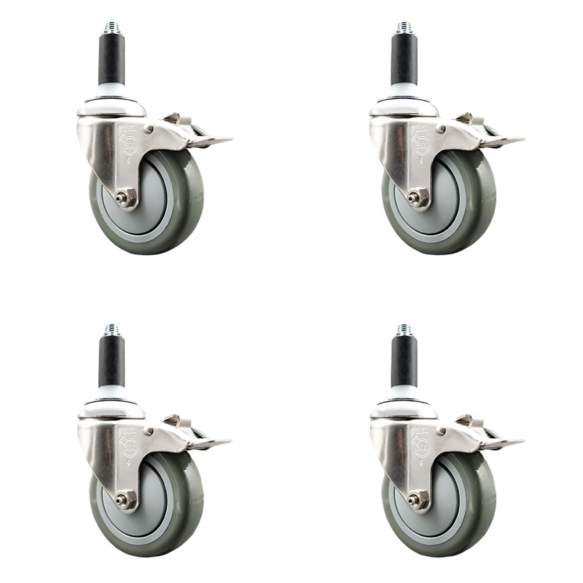 Service Caster, 4Inch x 1 1/4Inch Stem Casters, Wheel Diameter 4 in, Caster Type Swivel, Package (qty.) 4, Model SCC-SS316TTLEX20S414-PPUB-1-4