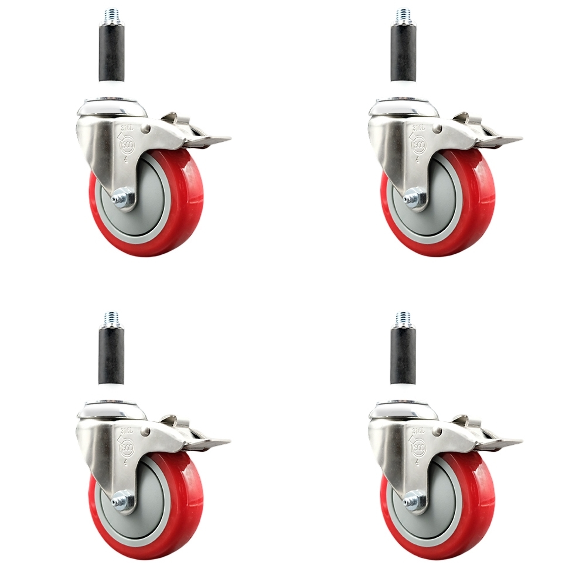 Service Caster, 4Inch x 1 1/4Inch Stem Casters, Wheel Diameter 4 in, Caster Type Swivel, Package (qty.) 4, Model SCC-SS316TTLEX20S414-PPUB-RED-78-4