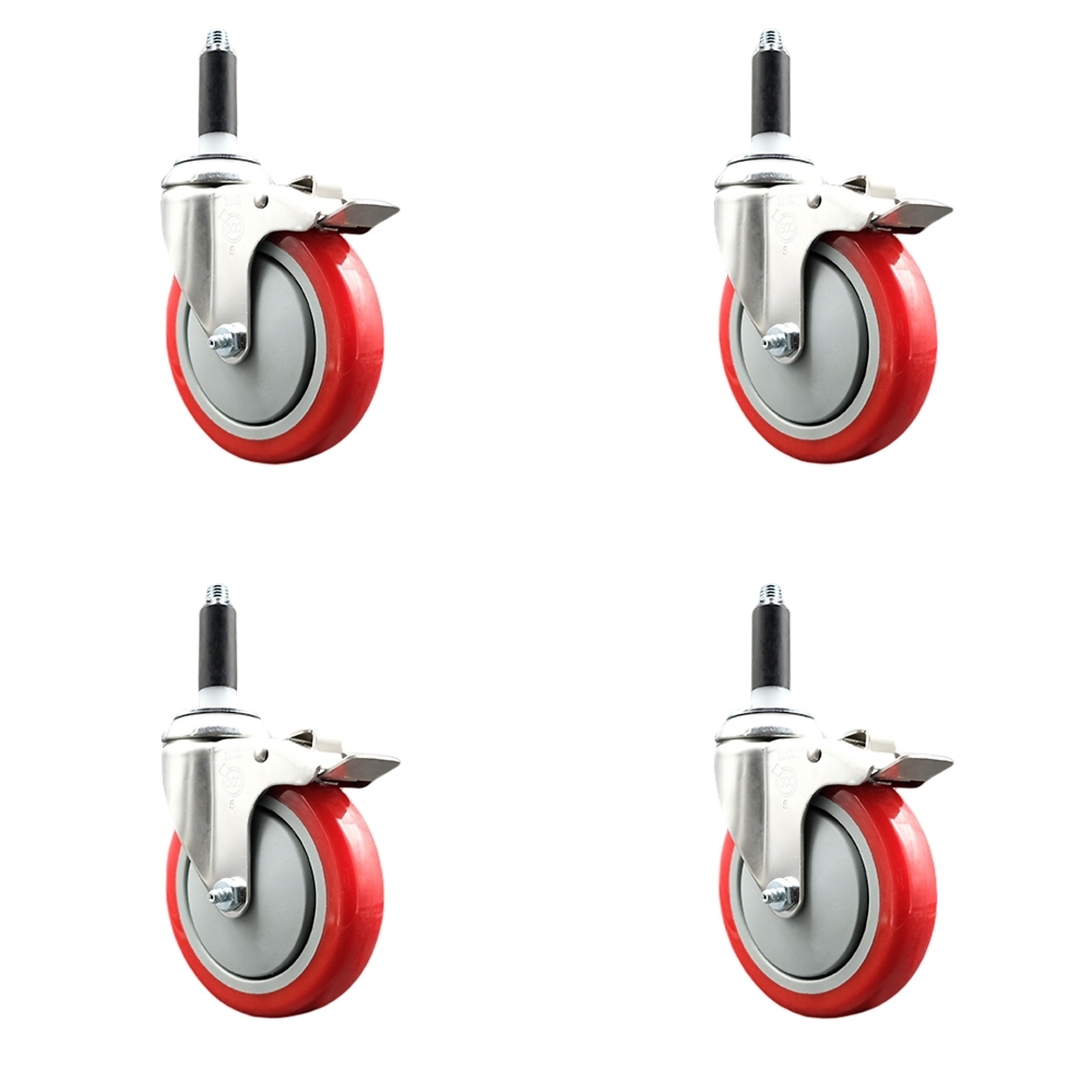 Service Caster, 5Inch x 1 1/4Inch Stem Casters, Wheel Diameter 5 in, Caster Type Swivel, Package (qty.) 4, Model SCC-SS316TTLEX20S514-PPUB-RED-78-4