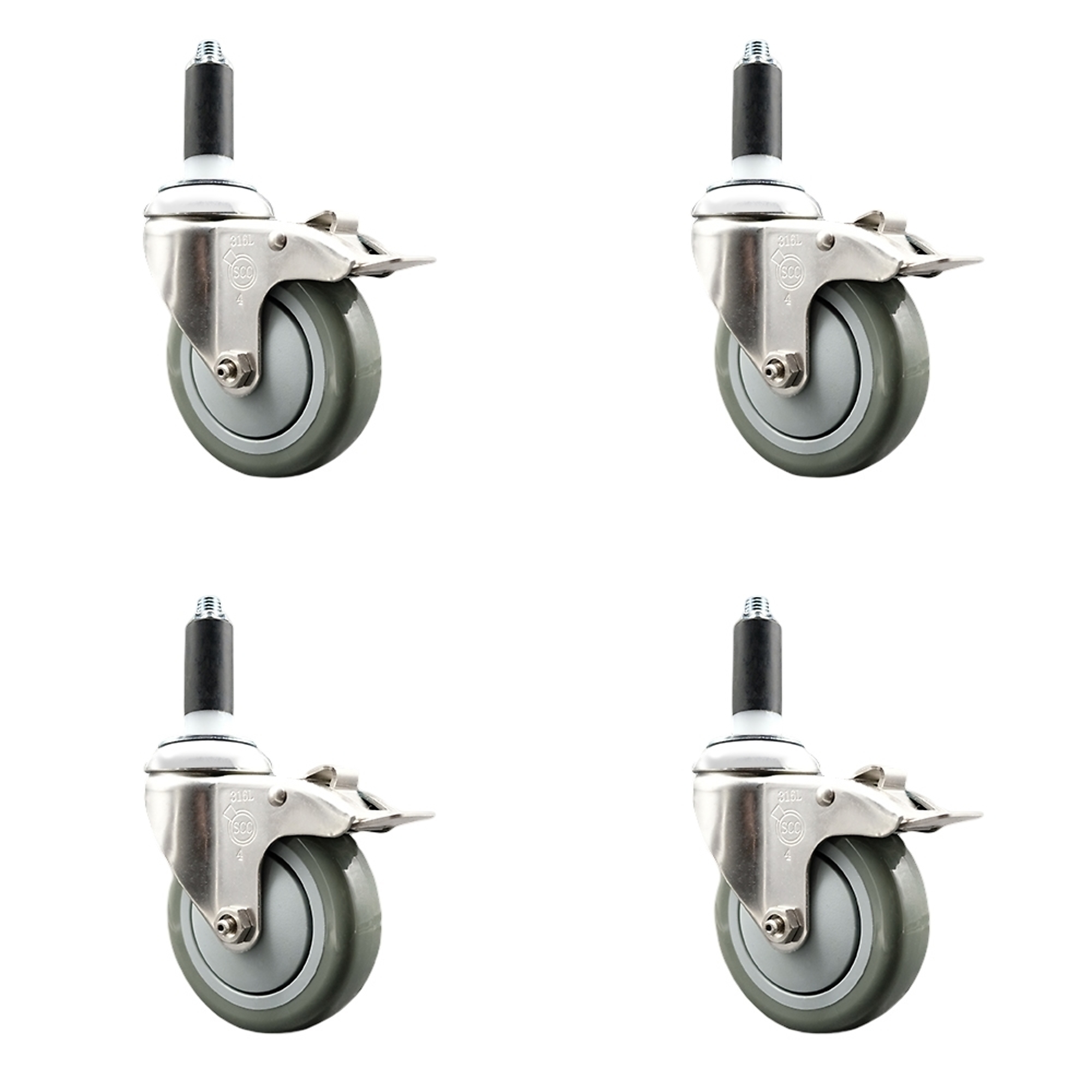 Service Caster, 4Inch x 1 1/4Inch Stem Casters, Wheel Diameter 4 in, Caster Type Swivel, Package (qty.) 4, Model SCC-SS316TTLEX20S414-PPUB-118-4