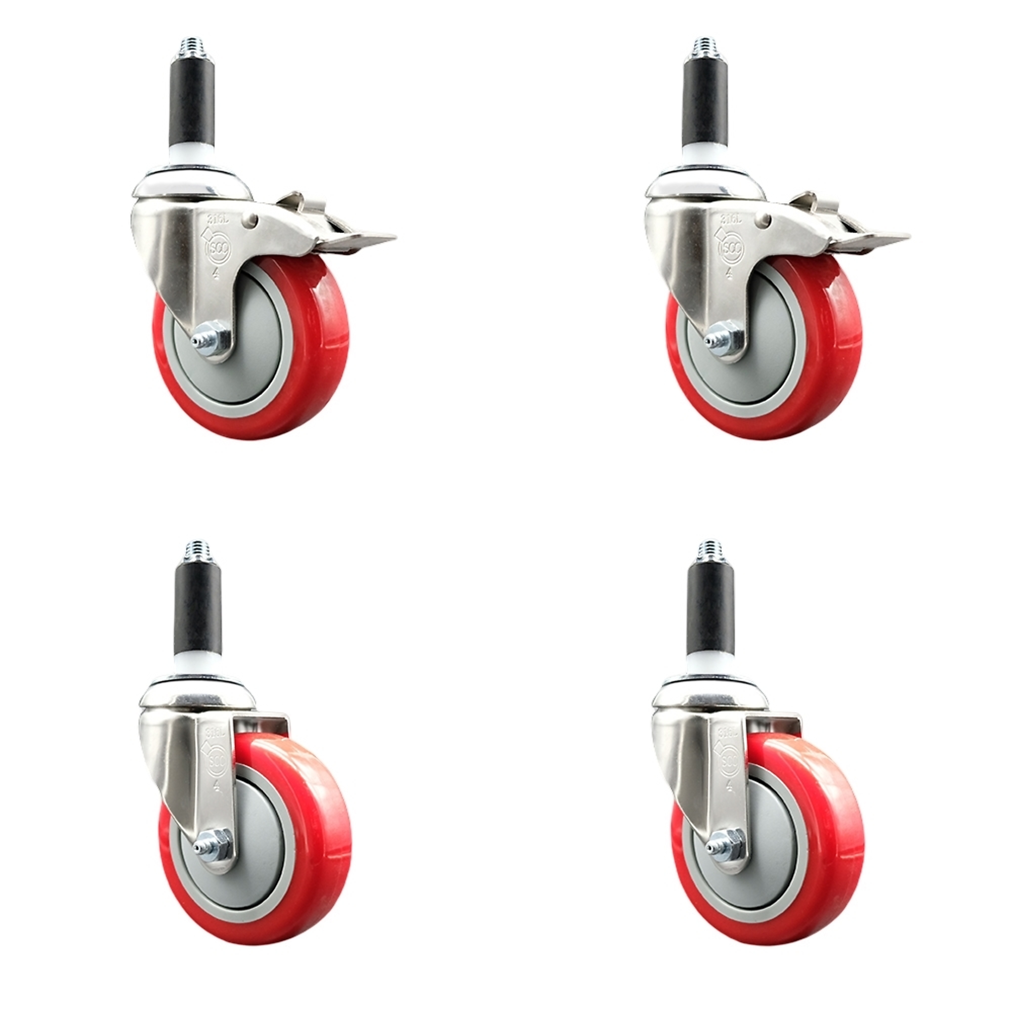 Service Caster, 4Inch x 1 1/4Inch Stem Casters, Wheel Diameter 4 in, Caster Type Swivel, Package (qty.) 4, Model SCC-SS316TTLEX20S414-PPUBRED-2-S-2-1