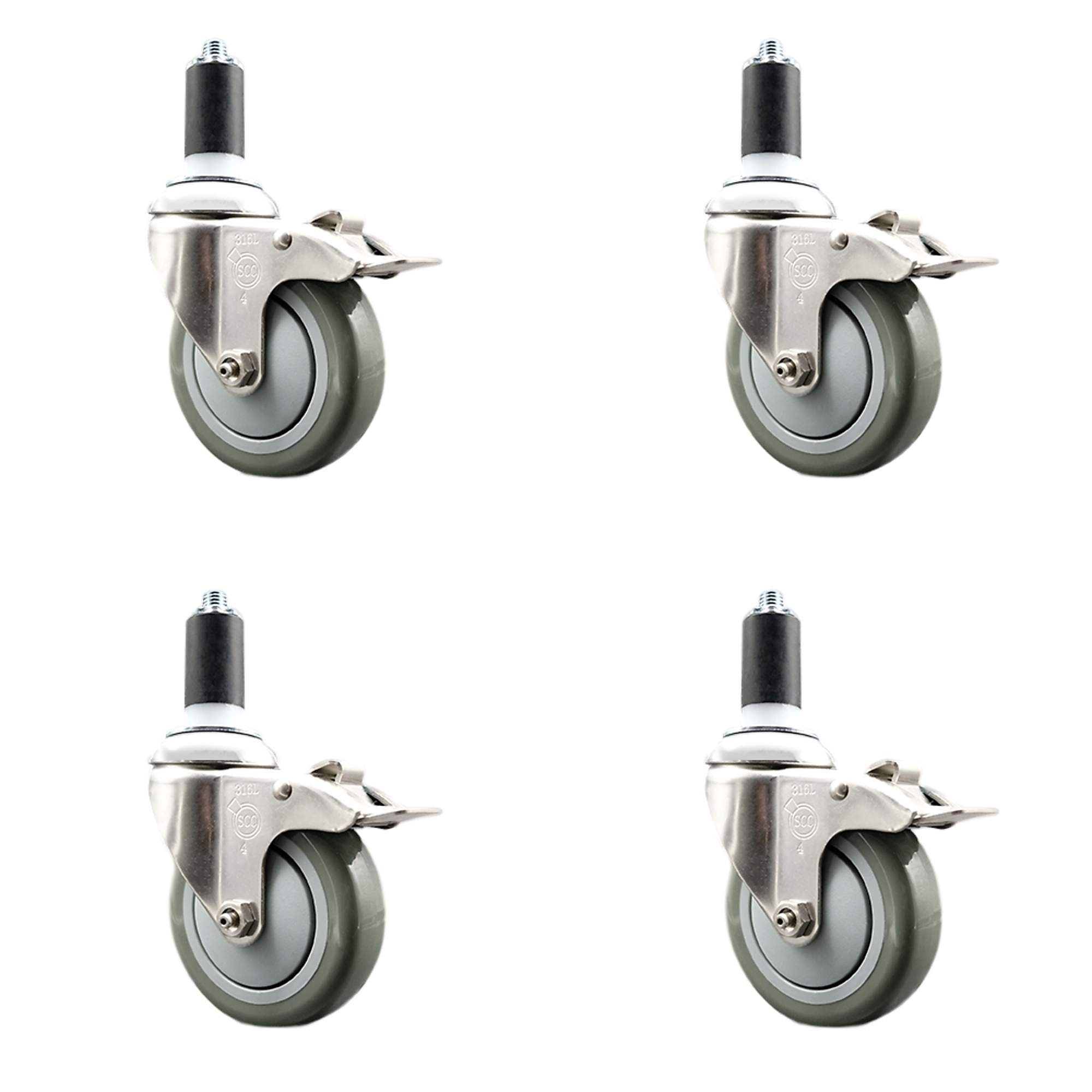 Service Caster, 4Inch x 1 1/4Inch Stem Casters, Wheel Diameter 4 in, Caster Type Swivel, Package (qty.) 4, Model SCC-SS316TTLEX20S414-PPUB-114-4