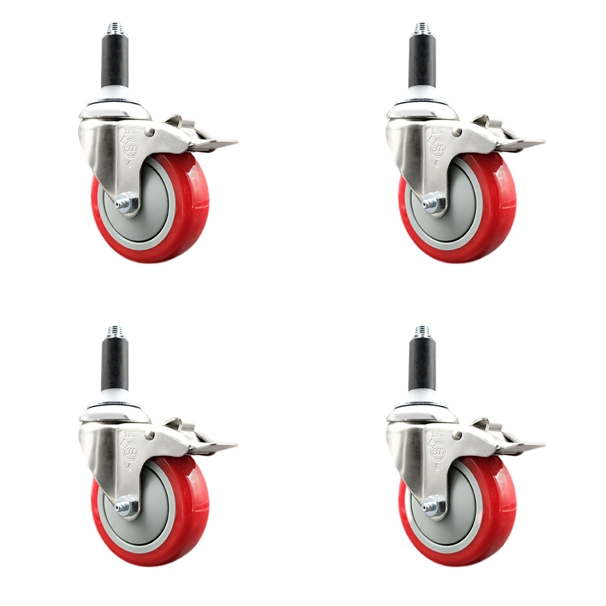 Service Caster, 4Inch x 1 1/4Inch Stem Casters, Wheel Diameter 4 in, Caster Type Swivel, Package (qty.) 4, Model SCC-SS316TTLEX20S414-PPUB-RED-1-4