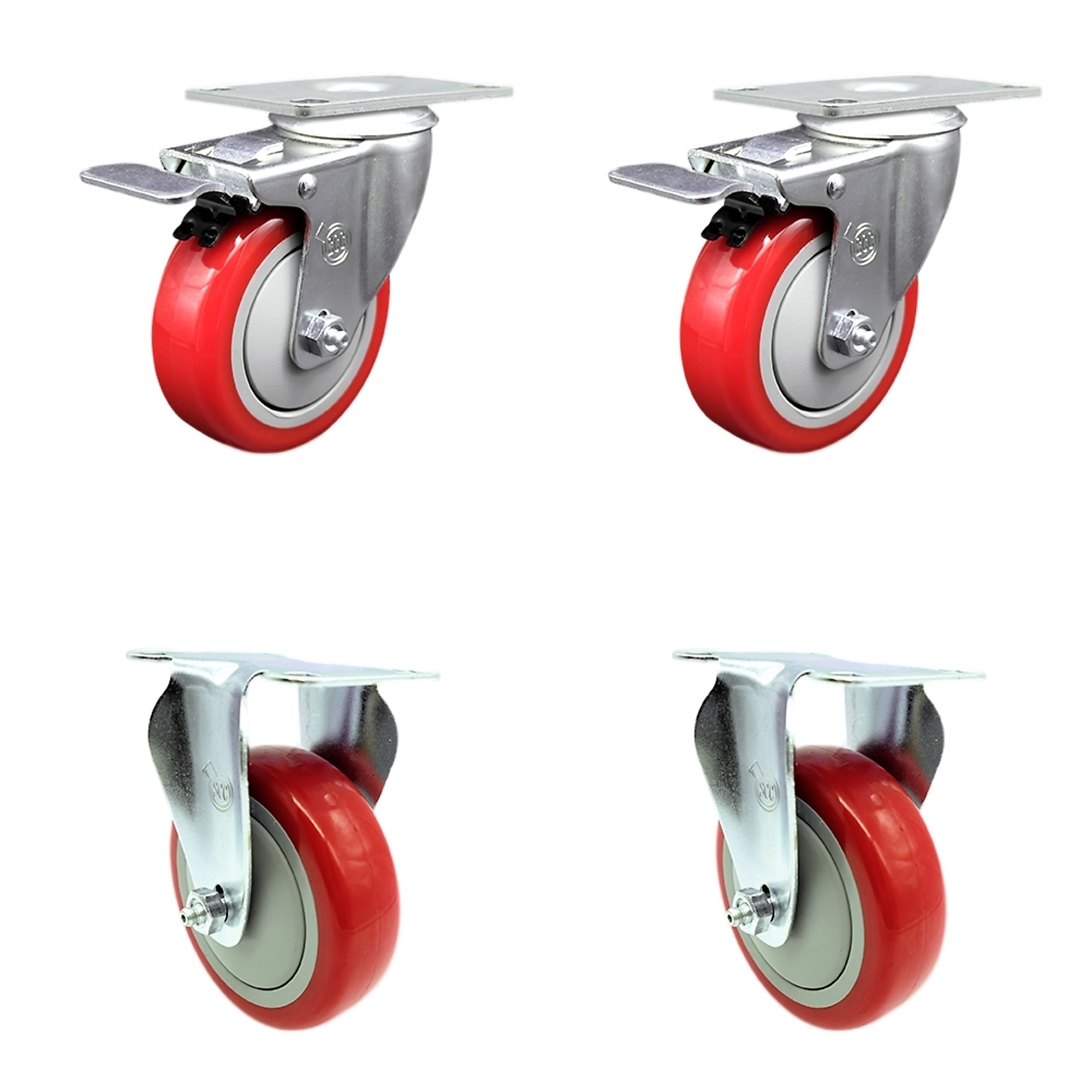 Service Caster, 4Inch x 1 1/4Inch Stem Casters, Wheel Diameter 4 in, Caster Type Swivel, Package (qty.) 4, Model SCC-TTL20S414-PPUB-RED-2-R-2