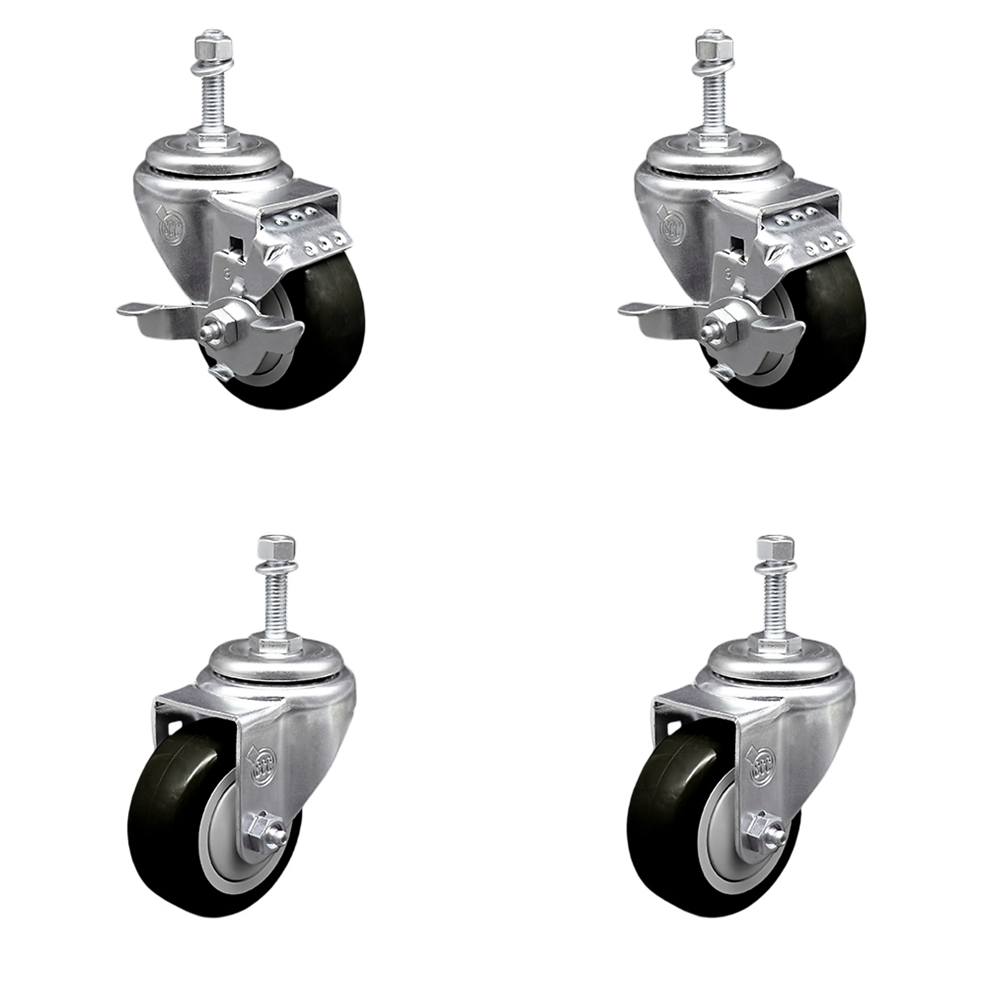 Service Caster, 3Inch x 1 1/4Inch Stem Casters, Wheel Diameter 3 in, Caster Type Swivel, Package (qty.) 4, Model SCC-TS20S314-PPUB-BLK-TLB-381615-2S2