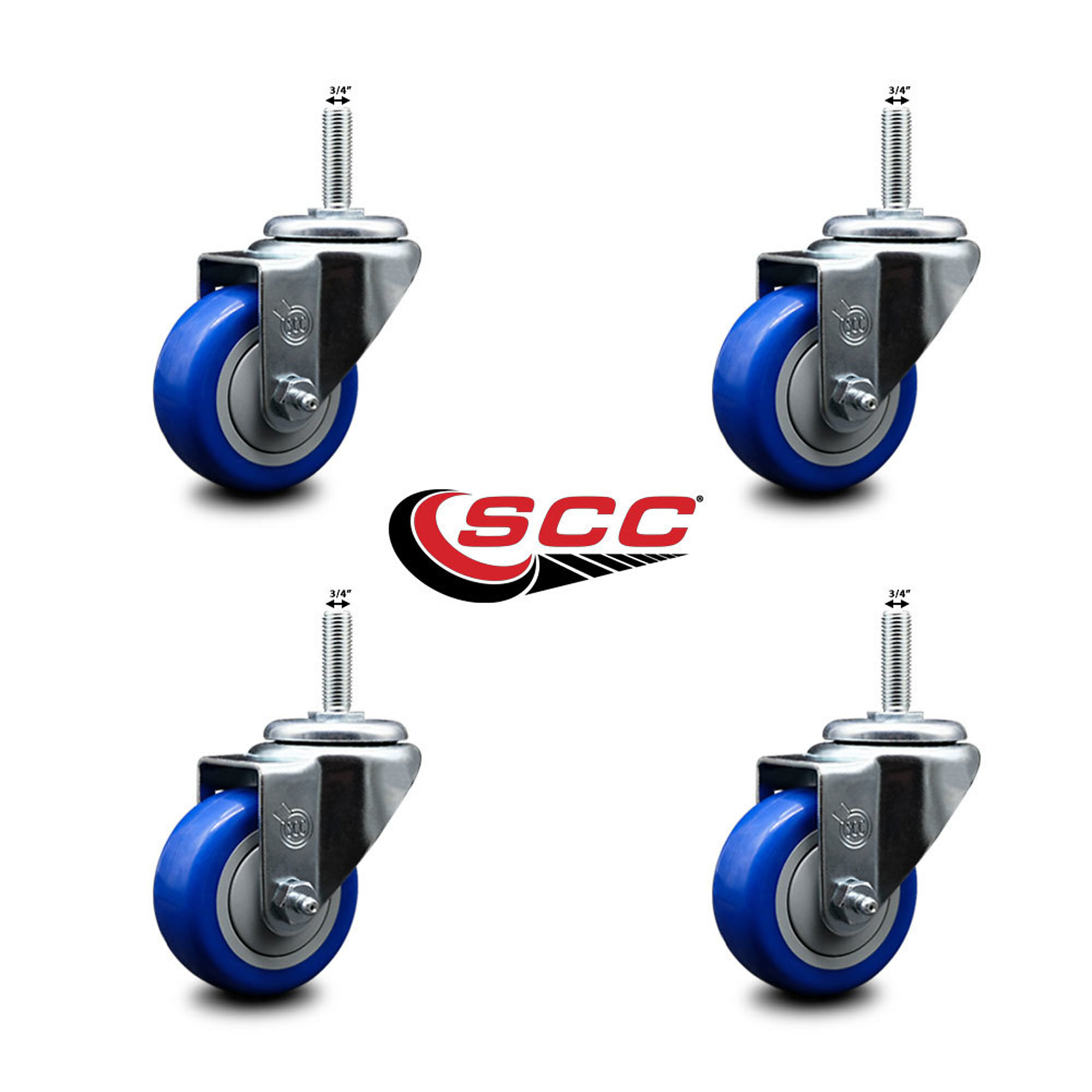 Service Caster, 3Inch x 1 1/4Inch Stem Casters, Wheel Diameter 3 in, Caster Type Swivel, Package (qty.) 4, Model SCC-TS20S314-PPUB-BLUE-34212-4