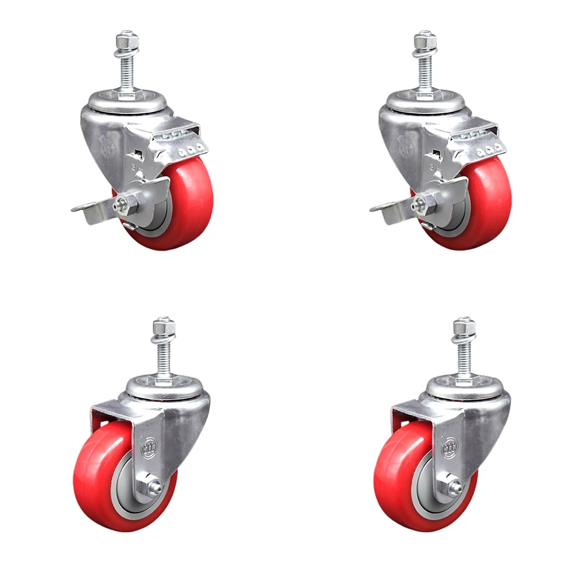 Service Caster, 3Inch x 1 1/4Inch Stem Casters, Wheel Diameter 3 in, Caster Type Swivel, Package (qty.) 4, Model SCC-TS20S314-PPUB-RED-TLB-M1015-2-S2