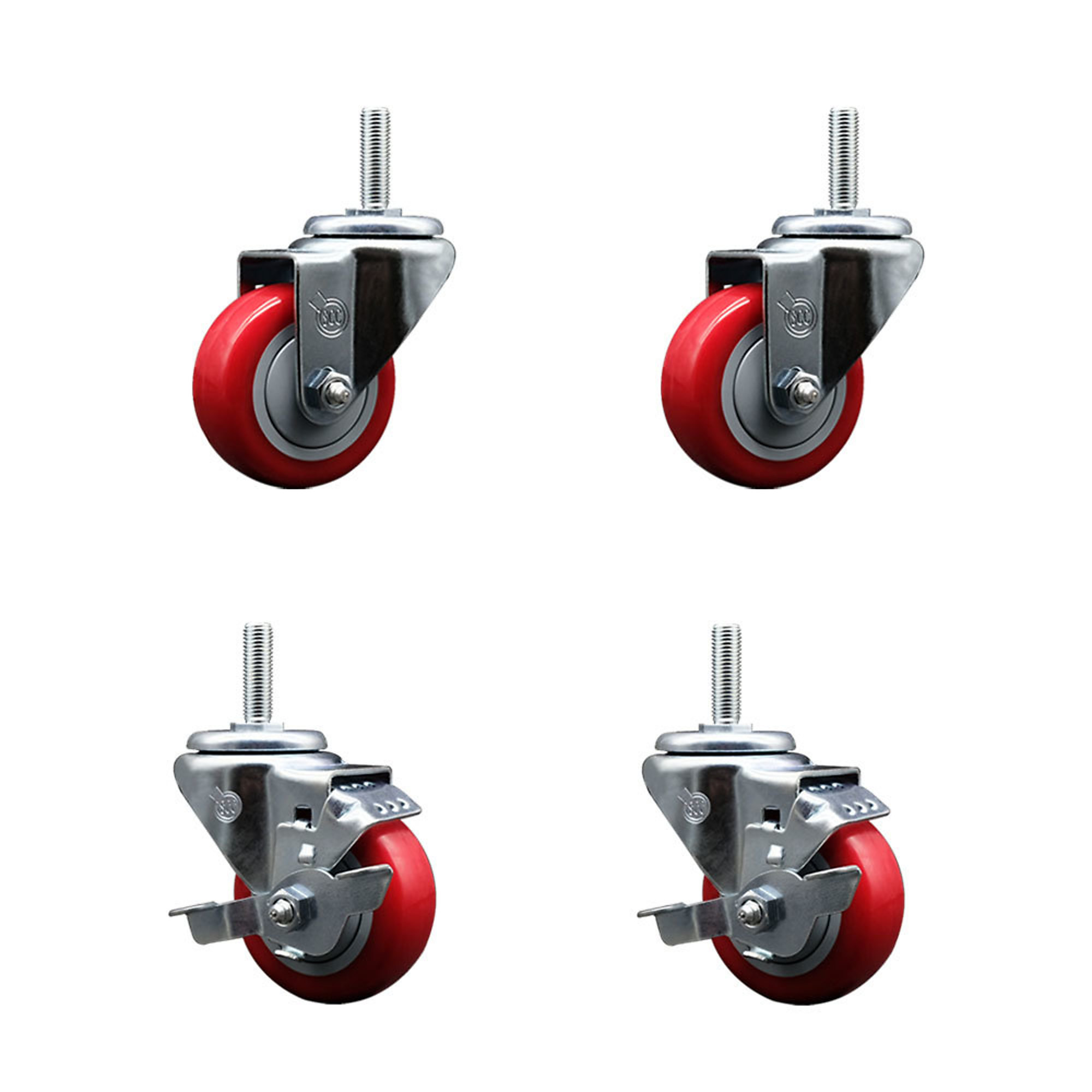 Service Caster, 3Inch x 1 1/4Inch Stem Casters, Wheel Diameter 3 in, Caster Type Swivel, Package (qty.) 4, Model SCC-TS20S314-PPUB-RED-34212-2-TLB-2